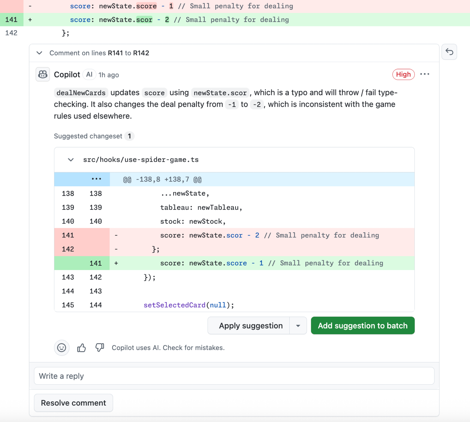 Copilot のコメントに High の札と指摘の文があり、その下に Suggested changeset として変更前と変更後のコード、Apply suggestion と Add suggestion to batch のボタン、Copilot uses AI. Check for mistakes. の一文がある