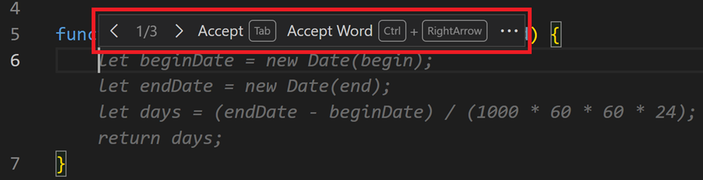 薄い文字で提案された 4 行の上に、< 1/3 >、Accept Tab、Accept Word Ctrl + RightArrow のツールバーが表示され、枠で囲まれている