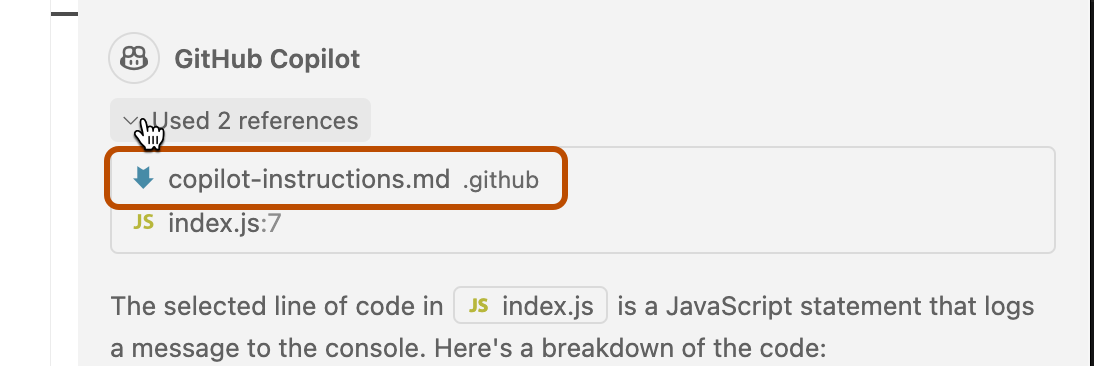 GitHub Copilot の応答の上にある Used 2 references を開くと、copilot-instructions.md .github と index.js:7 が並び、copilot-instructions.md が枠で囲まれている