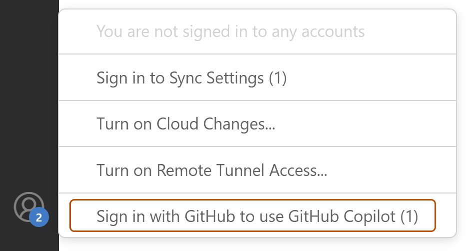 Accounts のメニューに You are not signed in to any accounts、Sign in to Sync Settings (1)、Turn on Cloud Changes...、Turn on Remote Tunnel Access...、Sign in with GitHub to use GitHub Copilot (1) が並び、最後の項目が枠で囲まれている
