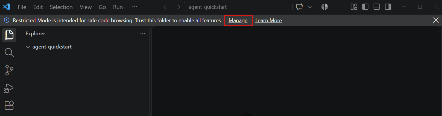画面の上に Restricted Mode is intended for safe code browsing. Trust this folder to enable all features. という通知があり、Manage が枠で囲まれている