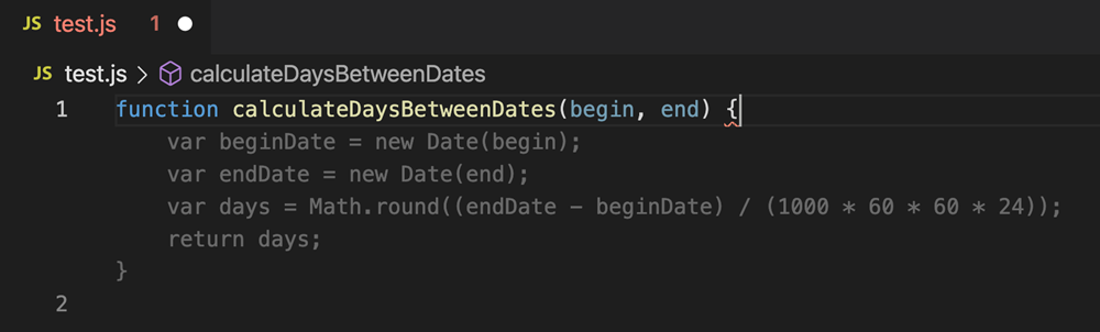 test.js に function calculateDaysBetweenDates(begin, end) { と書いたあと、日数を計算して返す 4 行が薄い文字で表示されている