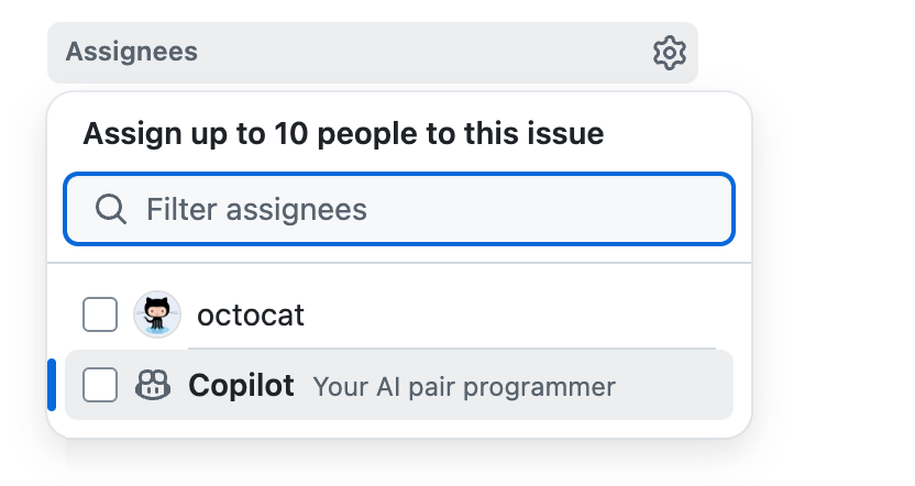 Assignees のメニューに、octocat と Copilot(Your AI pair programmer)が並んでいる