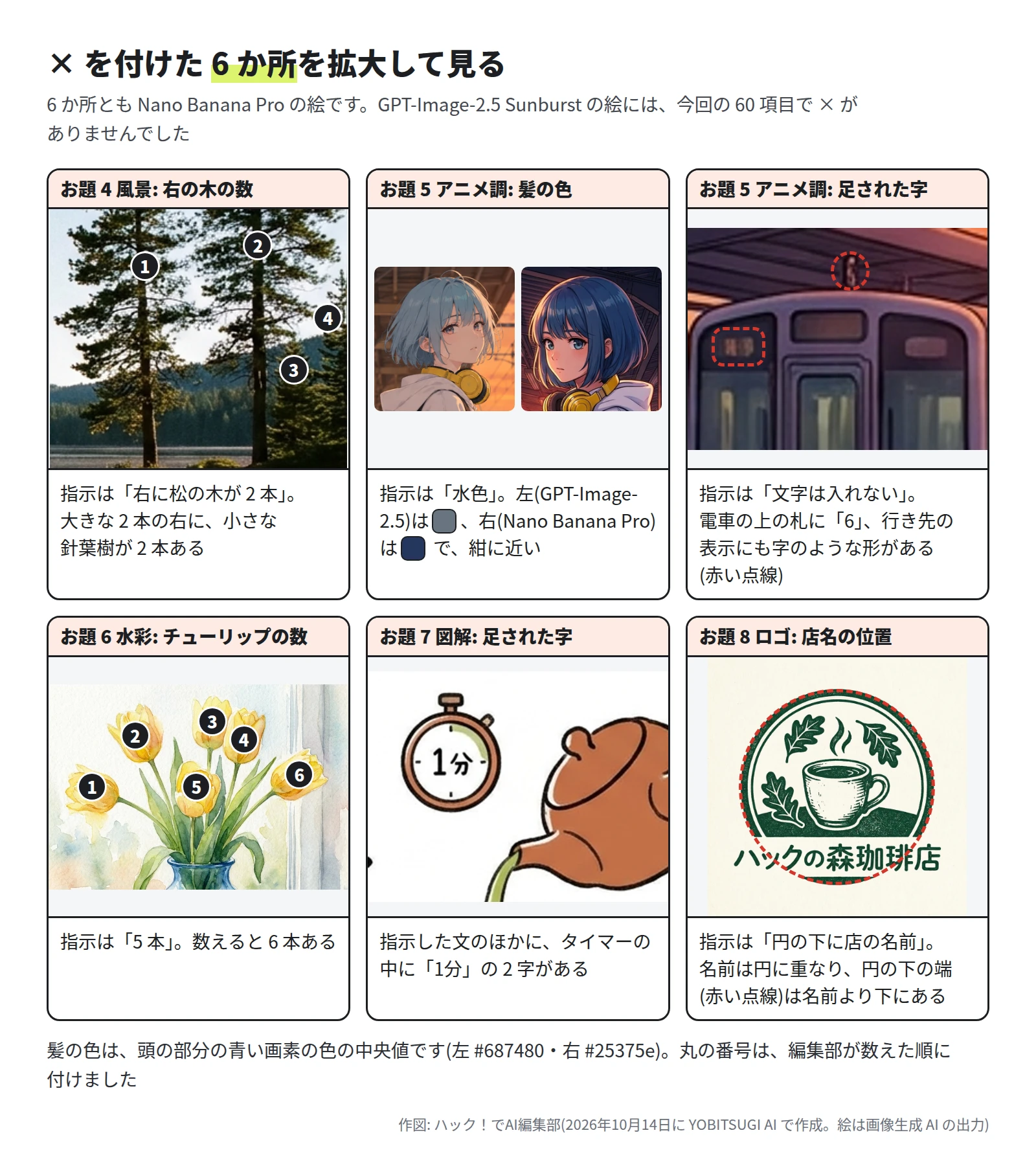 6 枚の拡大。お題 4 は、大きな松 2 本の右に小さな針葉樹が 2 本。お題 5 は、左の絵の髪が水色、右の絵の髪が紺に近い青。お題 5 の電車は、上の札に 6、行き先の表示に字のような形。お題 6 のチューリップは 1 から 6 の番号。お題 7 はタイマーの中に 1分 の字。お題 8 は、円を示す赤い点線が店の名前に重なっている