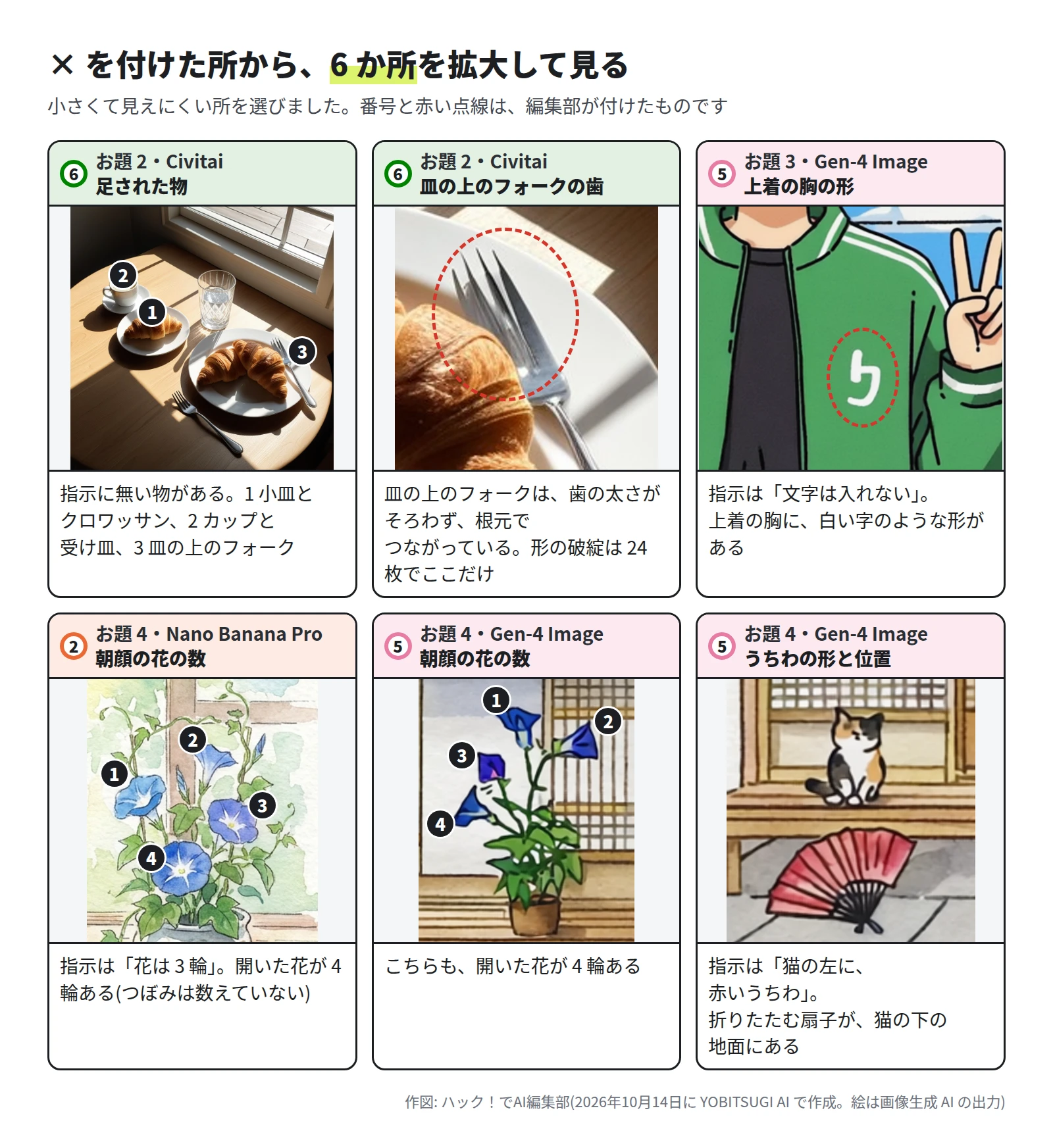 6 枚の拡大。お題 2 の Civitai は、小皿とクロワッサン、カップと受け皿、皿の上のフォークが足されている。同じ絵の皿の上のフォークは、歯がつながっている。お題 3 の Gen-4 Image は、上着の胸に白い字のような形。お題 4 の Nano Banana Pro と Gen-4 Image は、朝顔の開いた花が 4 輪。お題 4 の Gen-4 Image は、赤い扇子が猫の下の地面にある