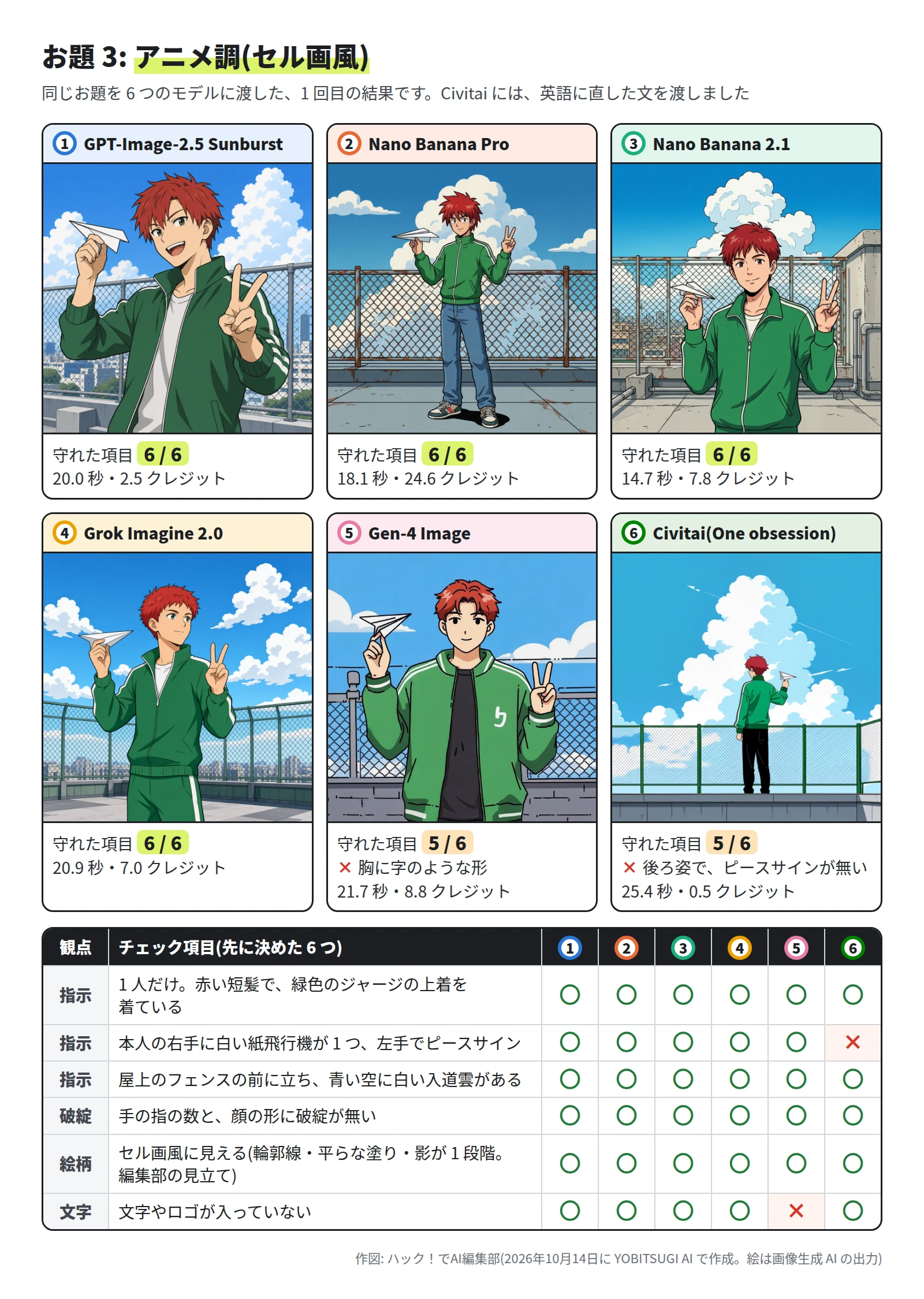 6 枚とも、青い空と白い雲、屋上のフェンス、赤い短髪で緑色のジャージの人物の絵。GPT-Image-2.5 Sunburst・Nano Banana Pro・Nano Banana 2.1・Grok Imagine 2.0 は、右手に紙飛行機、左手でピースサインをしていて 6 / 6。Gen-4 Image は胸に字のような形があり 5 / 6。Civitai(One obsession)は後ろ姿でピースサインが無く 5 / 6