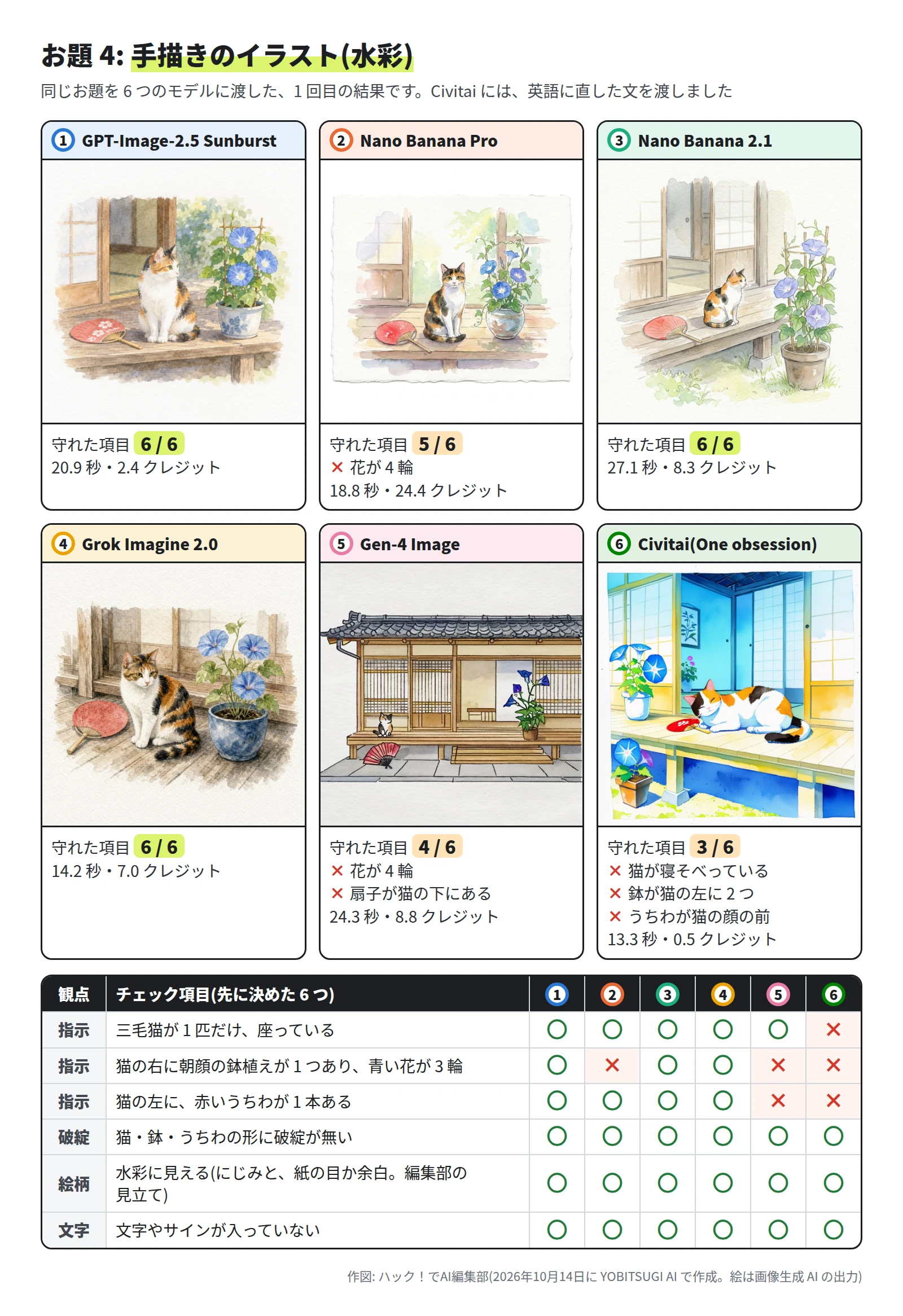 6 枚とも、縁側の三毛猫と青い朝顔の水彩の絵。GPT-Image-2.5 Sunburst・Nano Banana 2.1・Grok Imagine 2.0 は、座った猫の右に 3 輪の朝顔の鉢、左に赤いうちわがあり 6 / 6。Nano Banana Pro は花が 4 輪で 5 / 6。Gen-4 Image は、家を遠くから描いた絵で、花が 4 輪、扇子が猫の下にあり 4 / 6。Civitai(One obsession)は、猫が寝そべり、鉢が猫の左に 2 つあり 3 / 6