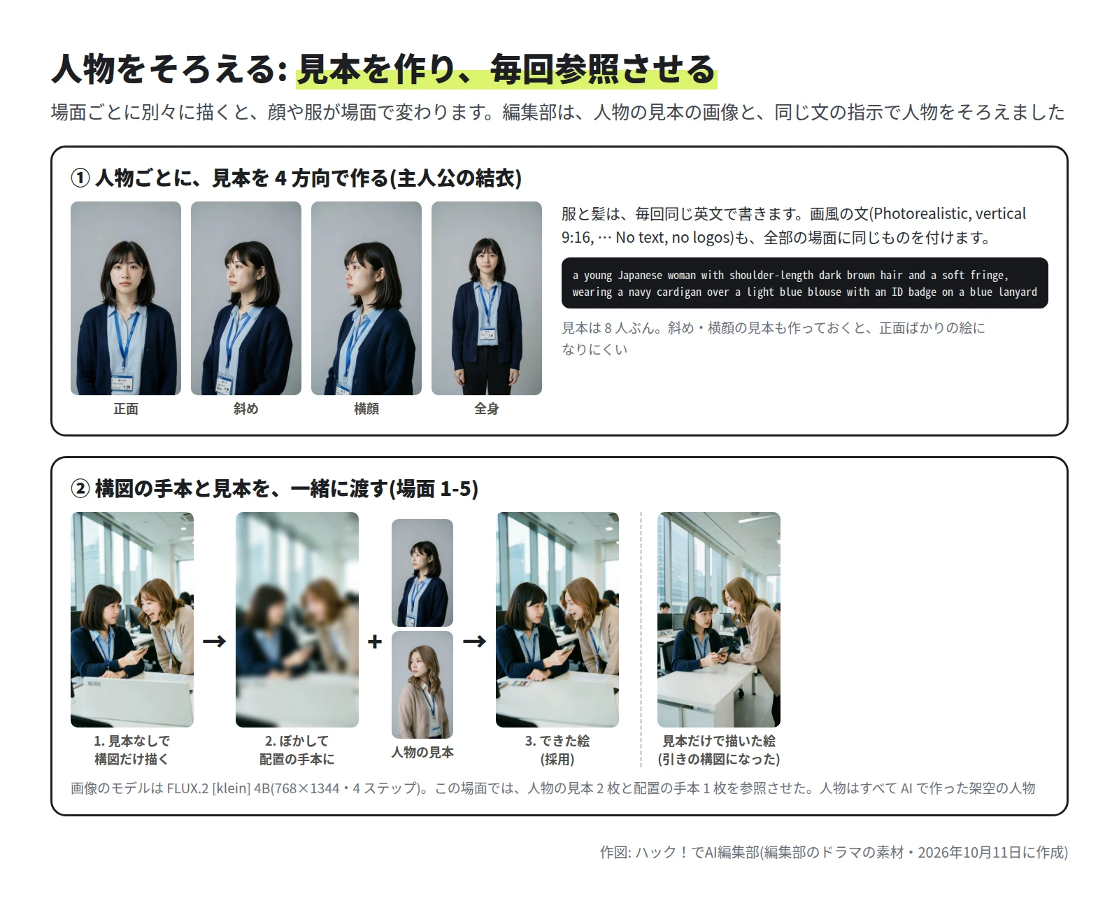 上に、主人公の見本の画像 4 枚(正面・斜め・横顔・全身)と、服と髪を書いた英文。下に、見本なしで構図だけ描いた絵、それをぼかした配置の手本、2 人の見本、できた絵、見本だけで描いた引きの絵が並んでいる