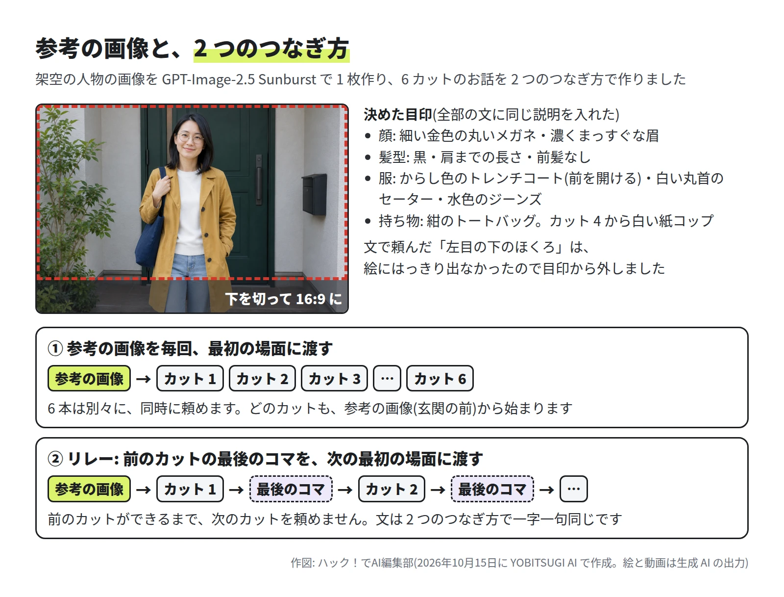 左に参考の画像。深緑の玄関の扉の前に、メガネをかけた黒い髪の女性が立ち、からし色のコートに白いセーター、水色のジーンズ、紺のトートバッグを右肩にかけている。下の部分に、ここを切って 16:9 にした印。右に決めた目印として、顔は細い金色の丸いメガネと濃くまっすぐな眉、髪型は黒・肩までの長さ・前髪なし、服はからし色のトレンチコートと白い丸首のセーターと水色のジーンズ、持ち物は紺のトートバッグとカット 4 からの白い紙コップ。頼んだ左目の下のほくろは絵に出なかったので外した。下の 2 つの枠は、① 参考の画像を毎回、最初の場面に渡す(6 本を別々に同時に頼める)と、② リレー、前のカットの最後のコマを次の最初の場面に渡す(前のカットができるまで次を頼めない)