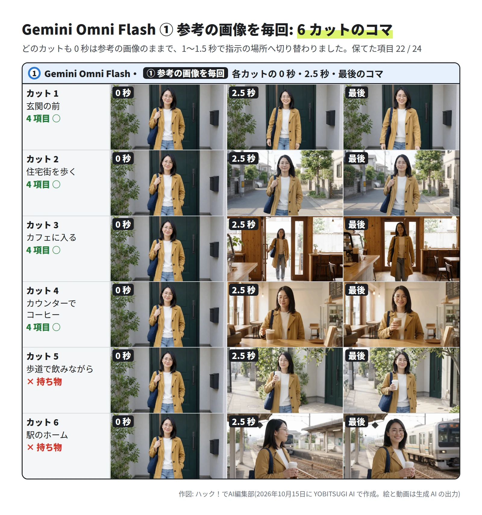 6 段。どの段も 0 秒のコマは参考の画像と同じ玄関の前の女性。カット 1 は最後まで玄関の前で、4 項目 ○。カット 2 は 2.5 秒と最後が住宅街。カット 3 は木の壁のカフェに入る。カット 4 はカウンターで紙コップを持つ。カット 5 は歩道で紙コップを持ち、持ち物が ×。カット 6 は駅のホームで電車が入り、持ち物が ×