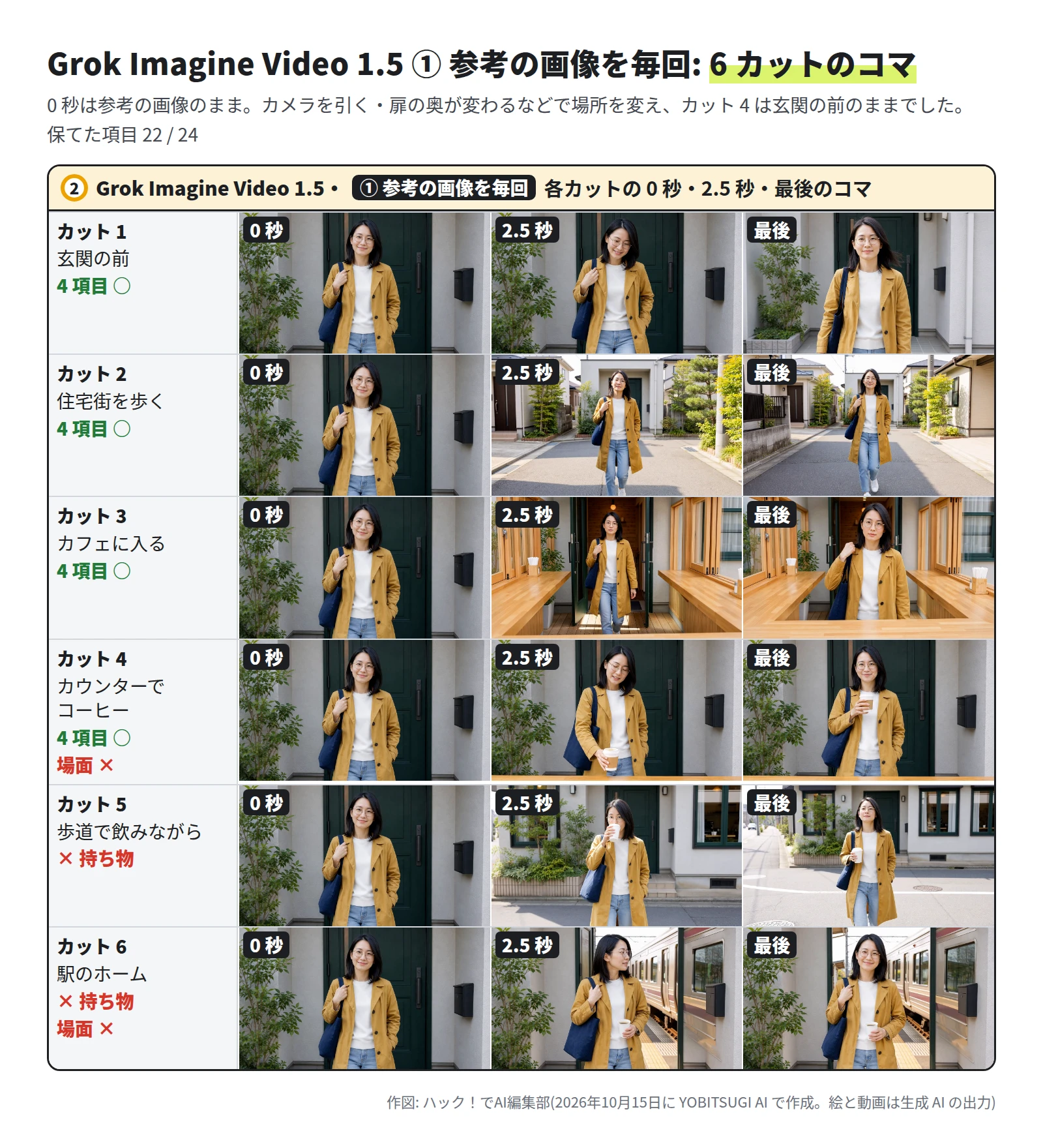 6 段。どの段も 0 秒は参考の画像。カット 1 は玄関の前。カット 2 は住宅街の道を歩く。カット 3 は木の窓枠の店に、扉から入ってくる。カット 4 は最後まで玄関の前で、手前にカウンターの端が出て紙コップを持ち、場面が ×。カット 5 は家の前から道に出て紙コップで飲み、持ち物が ×。カット 6 は家の壁と郵便受けが残り、扉の所に電車とホームが見え、持ち物と場面が ×