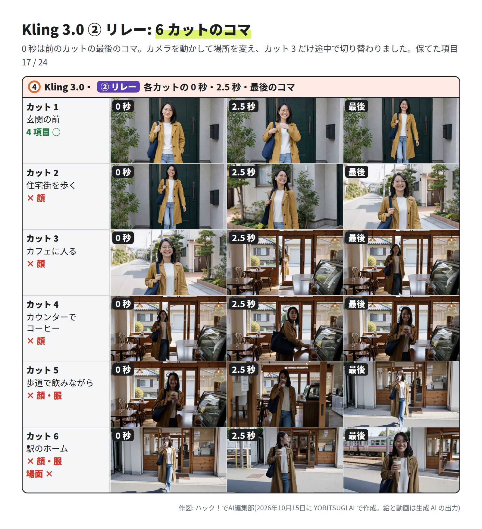 6 段。カット 1 は玄関の前で大きく笑う。カット 2 は玄関の前から住宅街へ歩き、顔が ×。カット 3 は住宅街から窓の大きいカフェの中に変わり、顔が ×。カット 4 はカフェで紙コップを持ち、顔が ×。カット 5 はカフェを出て店の前の道で飲み、顔と服が ×。カット 6 は店の前の道で、後ろの線路に電車が入り、顔と服と場面が ×