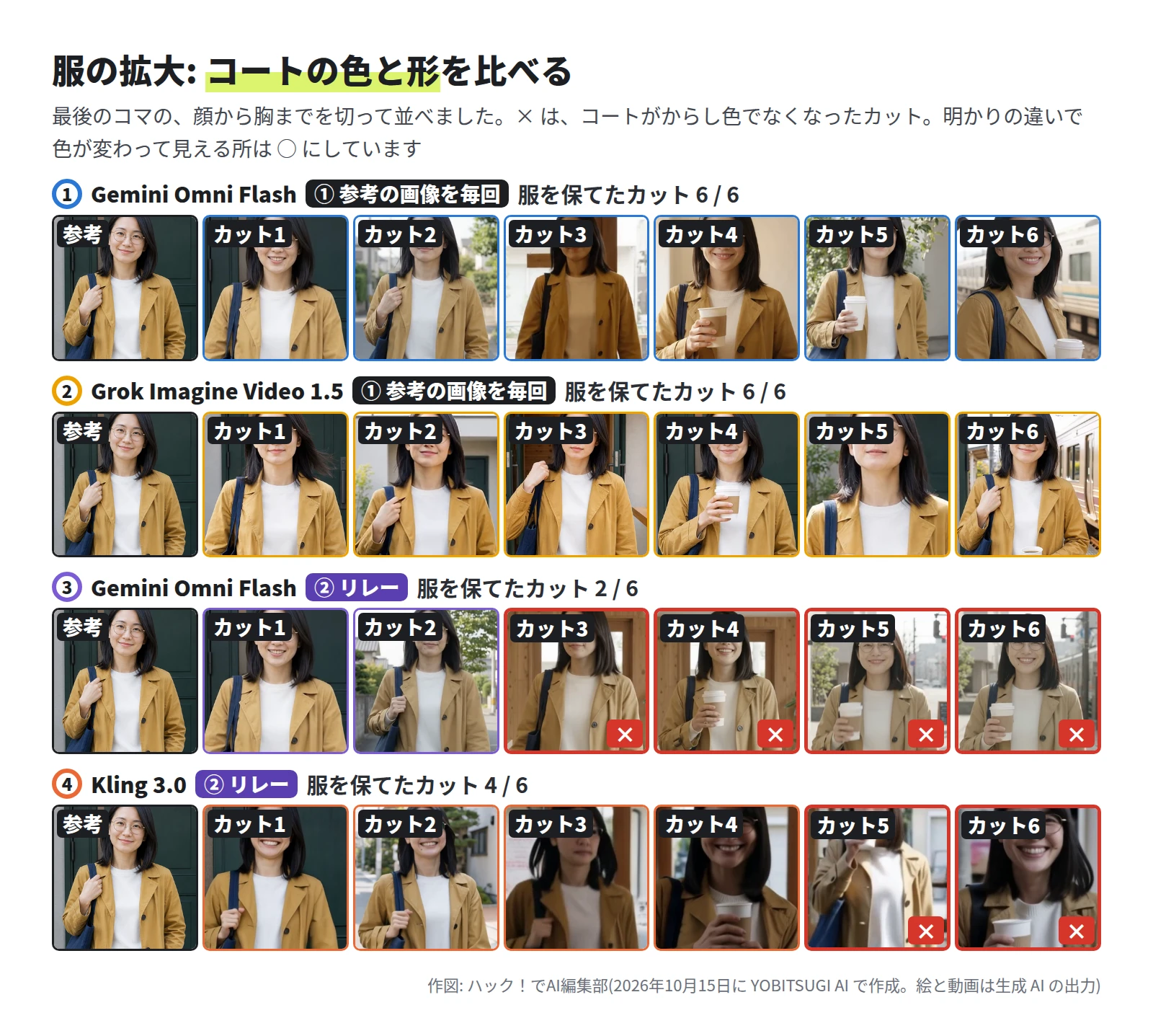 4 段。1 と 2 は 6 / 6 で、店の中で暗く写るカットはあるが、からし色のコートと白いセーターのまま。3 Gemini Omni Flash・② は 2 / 6 で、カット 3〜6 のコートが薄いベージュになり ×。4 Kling 3.0・② は 4 / 6 で、カット 5・6 のコートが茶色がかったカーキになり ×