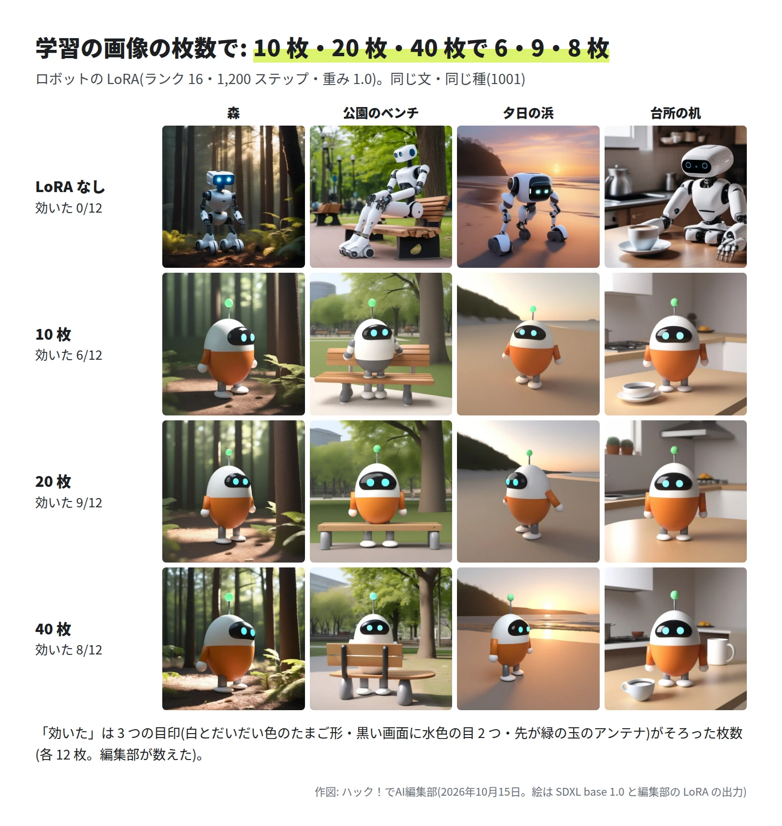 4 段 4 列の絵。LoRA なしは白い人型や車輪のついたロボット。10 枚・20 枚・40 枚の LoRA では、白とだいだい色のたまご形で、黒い画面の顔と緑の玉のアンテナのロボットが、森・公園のベンチ・夕日の浜・台所の机にいる。10 枚のベンチの絵は体の下が灰色