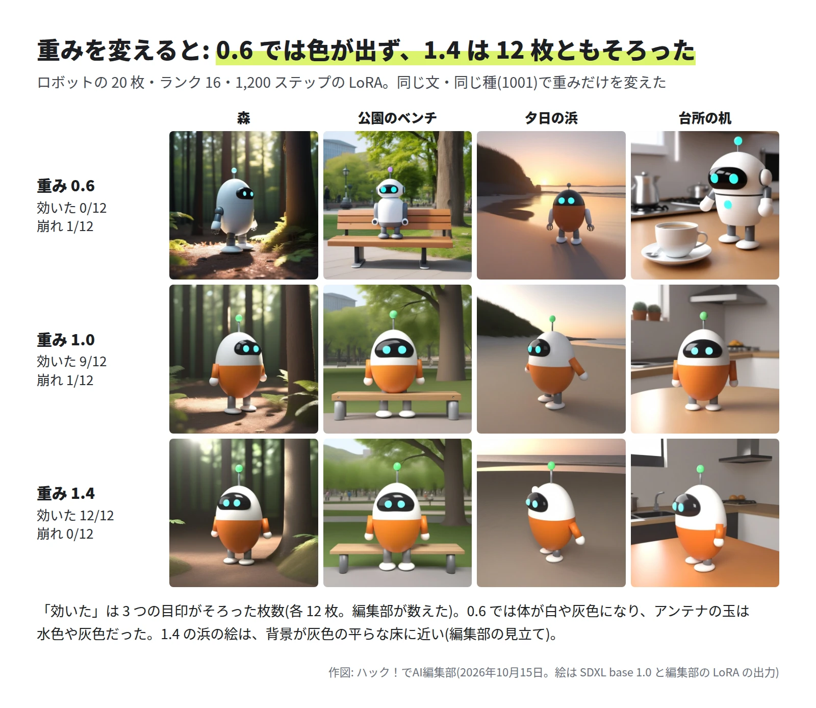森・公園のベンチ・夕日の浜・台所の机の 4 つの文で、重み 0.6・1.0・1.4 を並べた 12 枚。0.6 は白や灰色の体に水色の玉のアンテナ、1.0 と 1.4 は白とだいだい色のたまご形に緑の玉のアンテナ。1.4 の浜の絵は背景が灰色で平ら