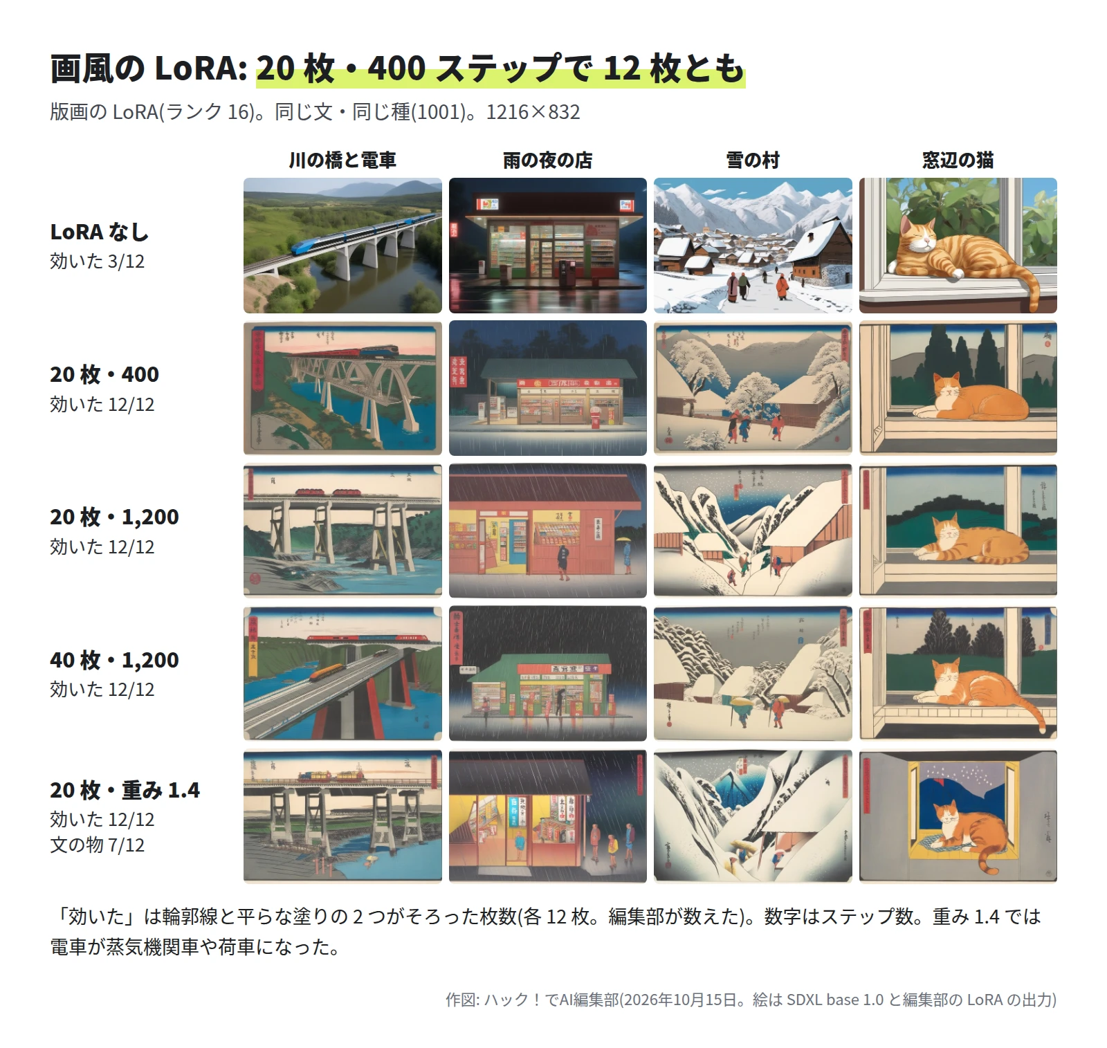 5 段 4 列の絵。LoRA なしは写真のような電車と店、イラストの雪の村と猫。LoRA を使うと、川の橋と電車・雨の夜の店・雪の村・窓辺の猫が、輪郭線と平らな塗りの版画のような絵になり、縦長の題の札や文字が入る。重み 1.4 の電車は古い機関車