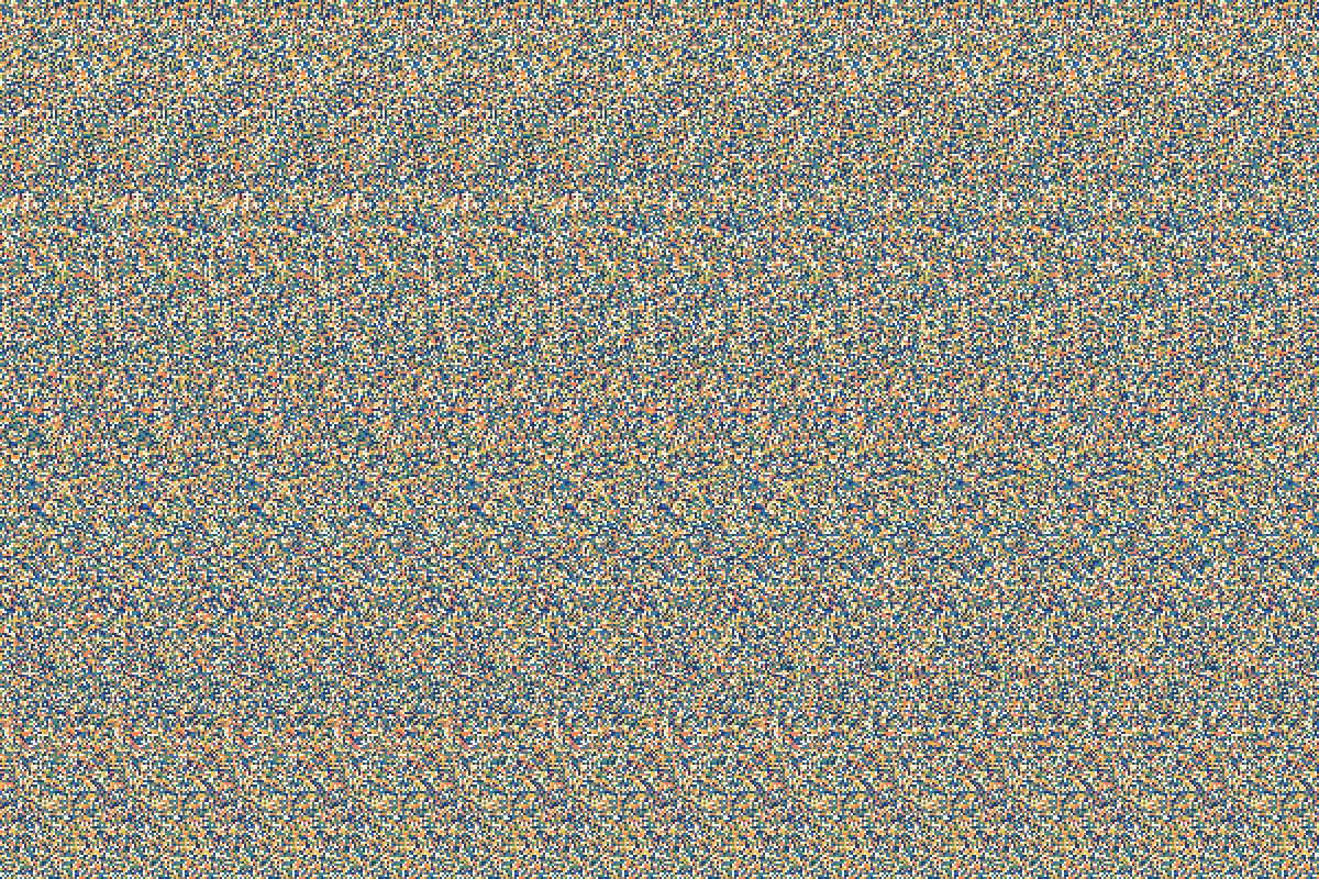 細かい色の点が一面に並んだ立体視の絵。青・橙・黄・白などの点で、そのままでは形は見えない