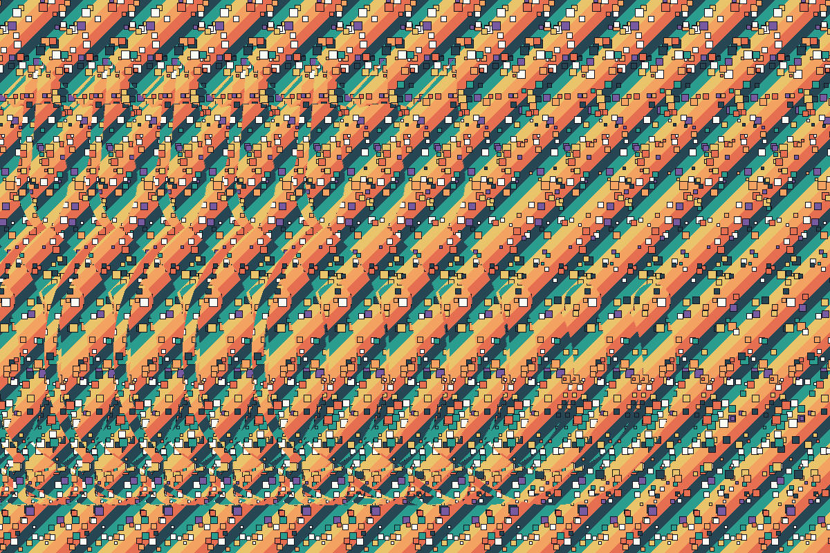 斜めの色の帯と小さな四角が並んだ立体視の絵。中央から下の模様が、ところどころずれている
