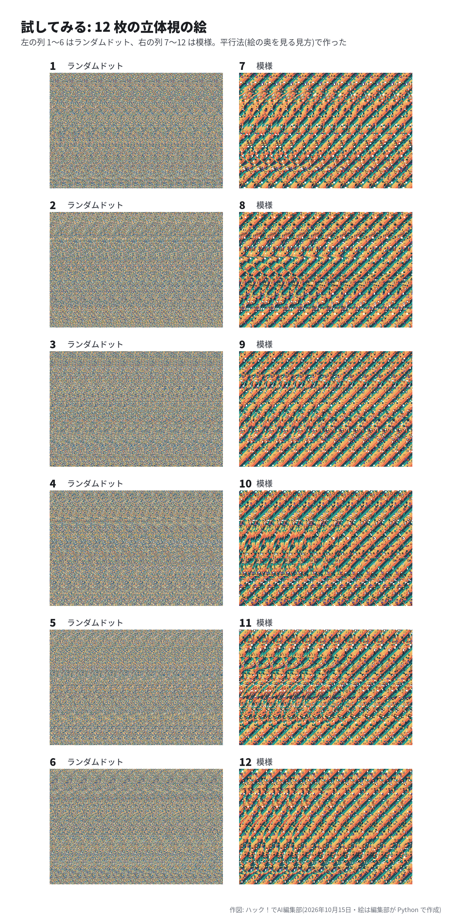 立体視の絵 12 枚を 2 列に並べた一覧。左の列は 1〜6 のランダムドット、右の列は 7〜12 の斜めの帯の模様