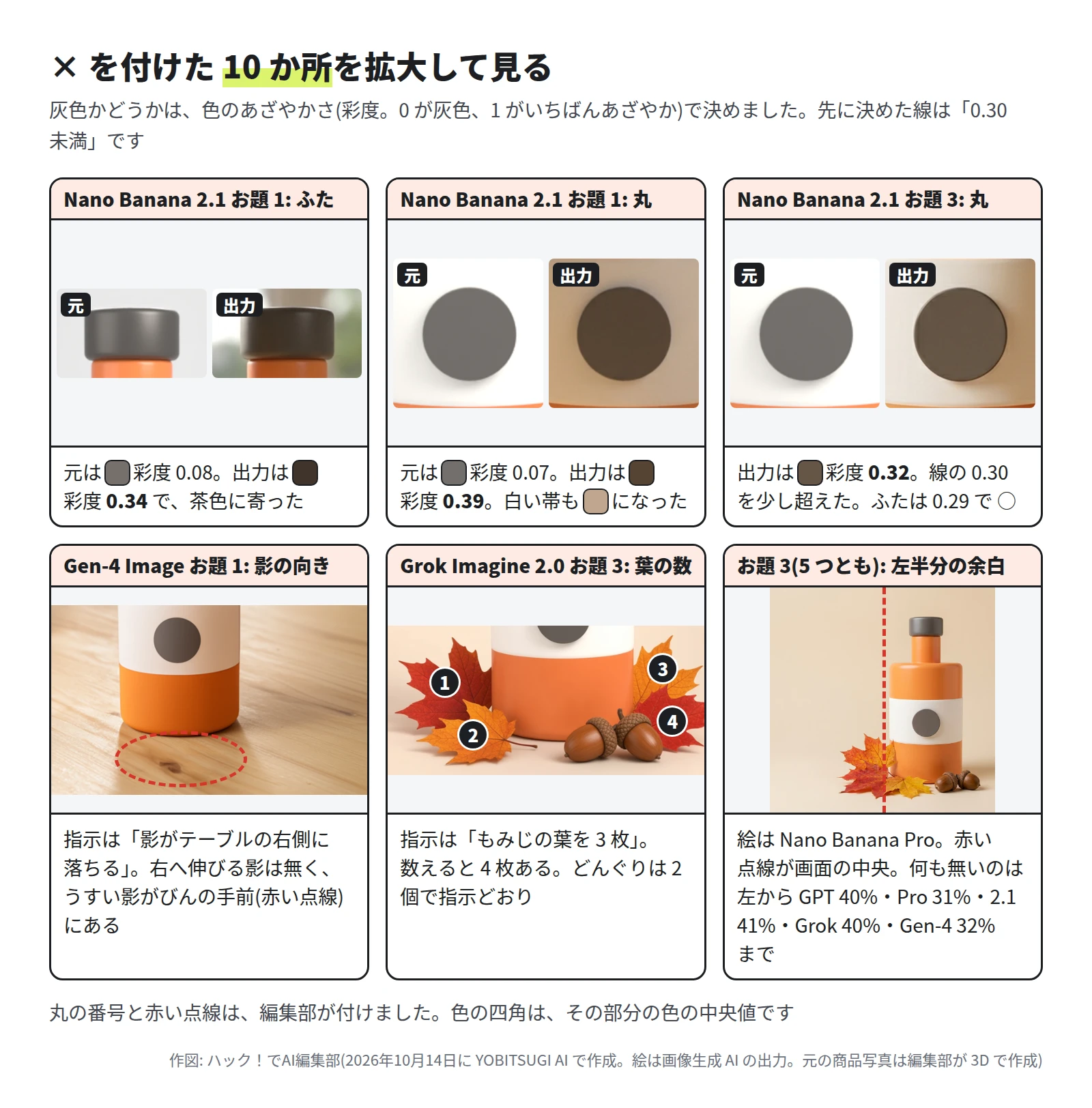6 枚の拡大。Nano Banana 2.1 のお題 1 のふた(彩度 0.34)と丸(0.39)、お題 3 の丸(0.32)。Gen-4 Image のお題 1 の影は、びんの手前にうすく落ちている。Grok Imagine 2.0 のお題 3 の葉は 1 から 4 の番号。お題 3 の余白は、画面の中央の赤い点線より左に葉が入っている
