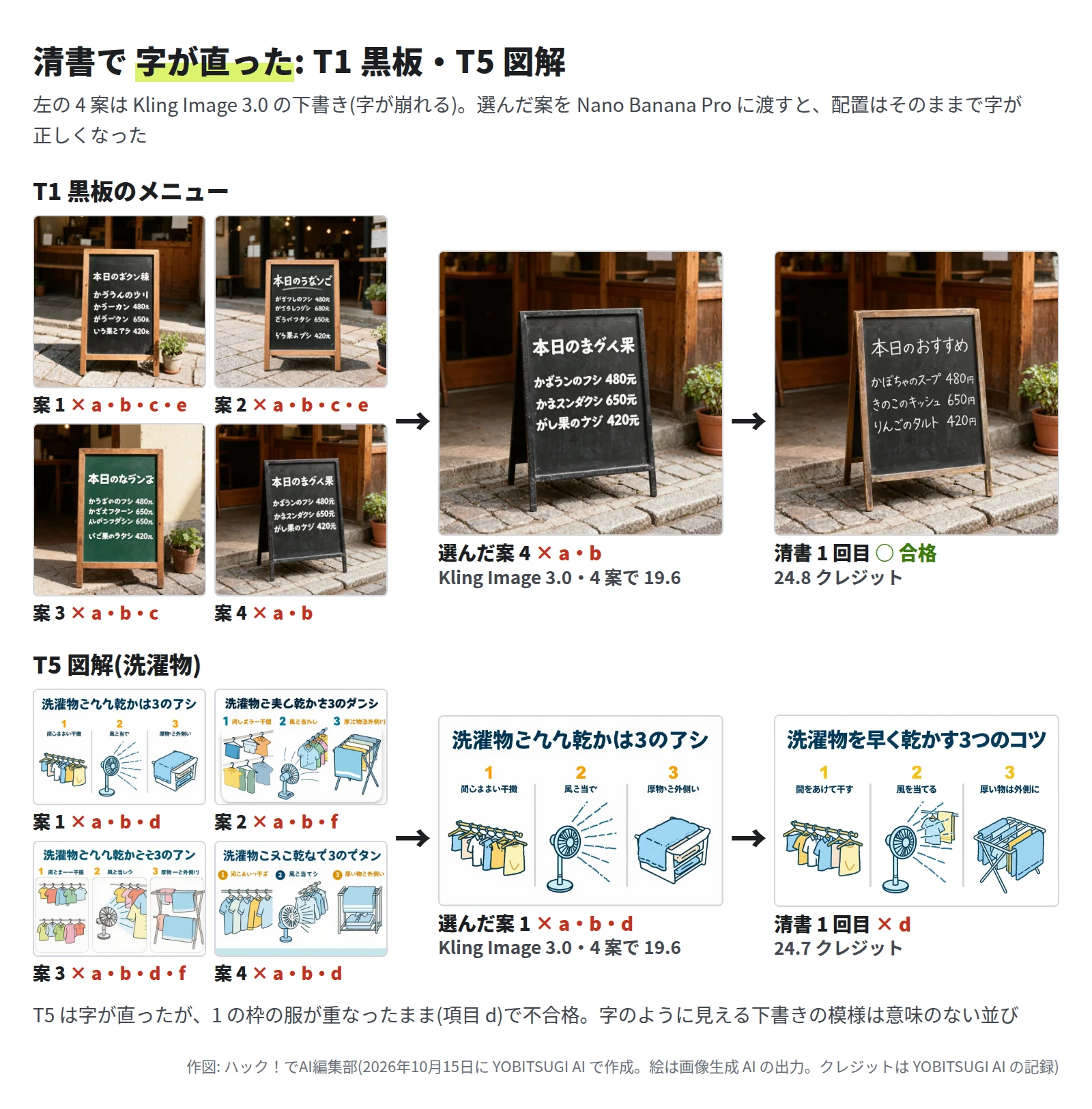 T1 黒板のメニューの段。左に 4 案。案 1 と 案 2 は a・b・c・e が ×、案 3 は a・b・c が ×、案 4 は a・b が ×。どれも見出しが「本日のまグ人果」のように崩れ、値段が元になっている。矢印の先に選んだ案 4、その先に清書 1 回目。清書は見出し「本日のおすすめ」と、かぼちゃのスープ 480円・きのこのキッシュ 650円・りんごのタルト 420円が正しく、合格、24.8 クレジット。T5 図解の段。案 1 は a・b・d、案 2 は a・b・f、案 3 は a・b・d・f、案 4 は a・b・d が ×。選んだ案 1 の題は崩れている。清書 1 回目は題「洗濯物を早く乾かす3つのコツ」と見出し 3 つが正しいが、d が ×、24.7 クレジット