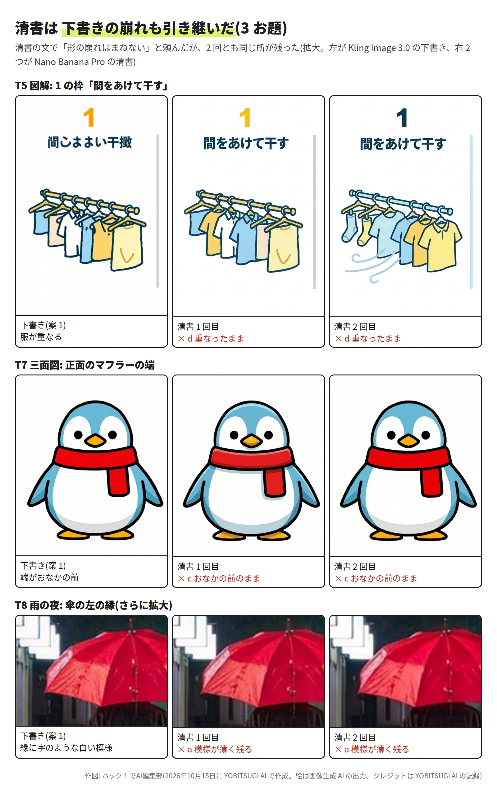 3 段の拡大。T5 図解の 1 の枠「間をあけて干す」は、下書き(案 1)で服が重なり、清書 1 回目と 2 回目も重なったままで d が ×。T7 三面図の正面は、下書きでマフラーの端がおなかの前にあり、清書 1 回目と 2 回目もおなかの前のままで c が ×。T8 雨の夜の傘の左の縁は、下書きに字のような白い模様があり、清書 1 回目と 2 回目にも薄く残って a が ×