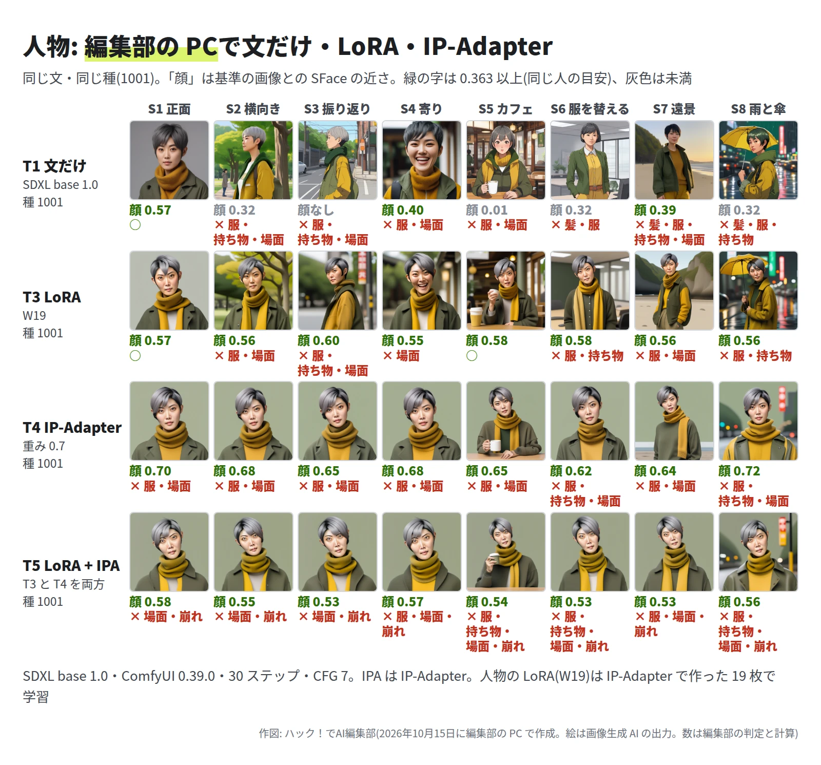 4 段 8 列の人物の絵。T1 文だけ(SDXL base 1.0)は写真とアニメ調が混じり、S2 は左を向き、S4 は屋外、S6 と S7 は髪が黒、S8 は髪が緑で黄色の傘。顔の近さは 0.01〜0.57 で、0.363 以上は 3 枚、S3 は顔が見つからない。T3 LoRA は灰色のショートの女性が公園・街・カフェ・オフィス・浜・雨の街に立ち、顔は 0.55〜0.60。S1 と S5 が ○ で、ほかは服や場面が ×。T4 IP-Adapter は 8 枚とも正面で灰緑の背景、顔は 0.62〜0.72 で、服と場面が ×。T5 LoRA + IP-Adapter も 8 枚とも正面で灰緑の背景、目が大きく顔がゆがみ、顔は 0.53〜0.58 で、場面と崩れが ×