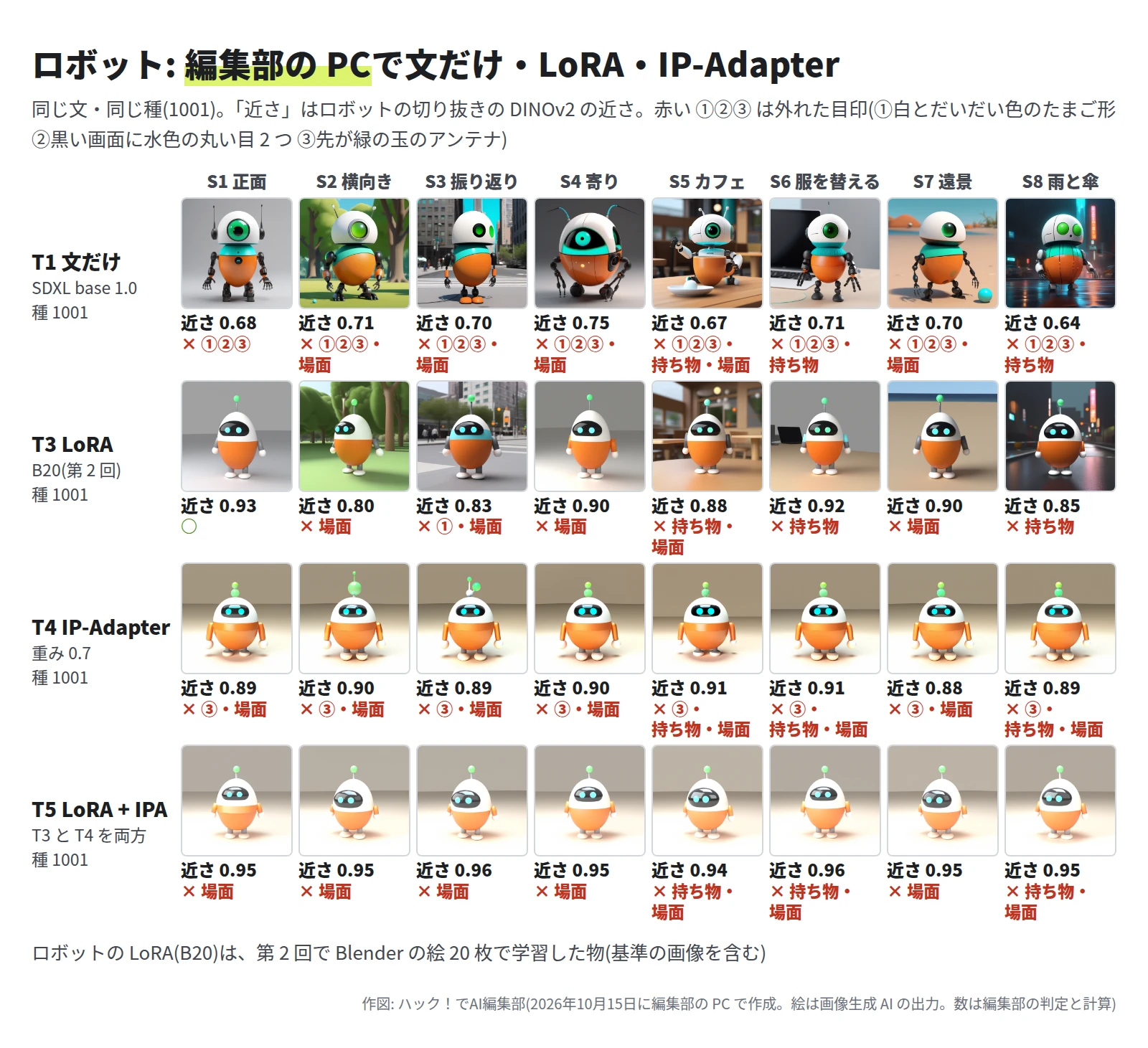 4 段 8 列のロボットの絵。T1 文だけは緑の大きな目が 1 つで、体に水色の帯が入ったロボットになり、8 枚とも目印 ①②③ が ×。T3 LoRA は白とだいだい色のたまご形のロボットが、公園・街・カフェ・オフィス・浜・雨の街に立ち、S3 だけ体に水色の帯。マフラー・カップ・傘は出ない。T4 IP-Adapter は 8 枚とも基準の画像と同じ部屋と構図で、アンテナの玉が 2 つ重なり ③ が ×。T5 LoRA + IP-Adapter も 8 枚とも基準の画像と同じ構図で、目印はそろうが場面が ×