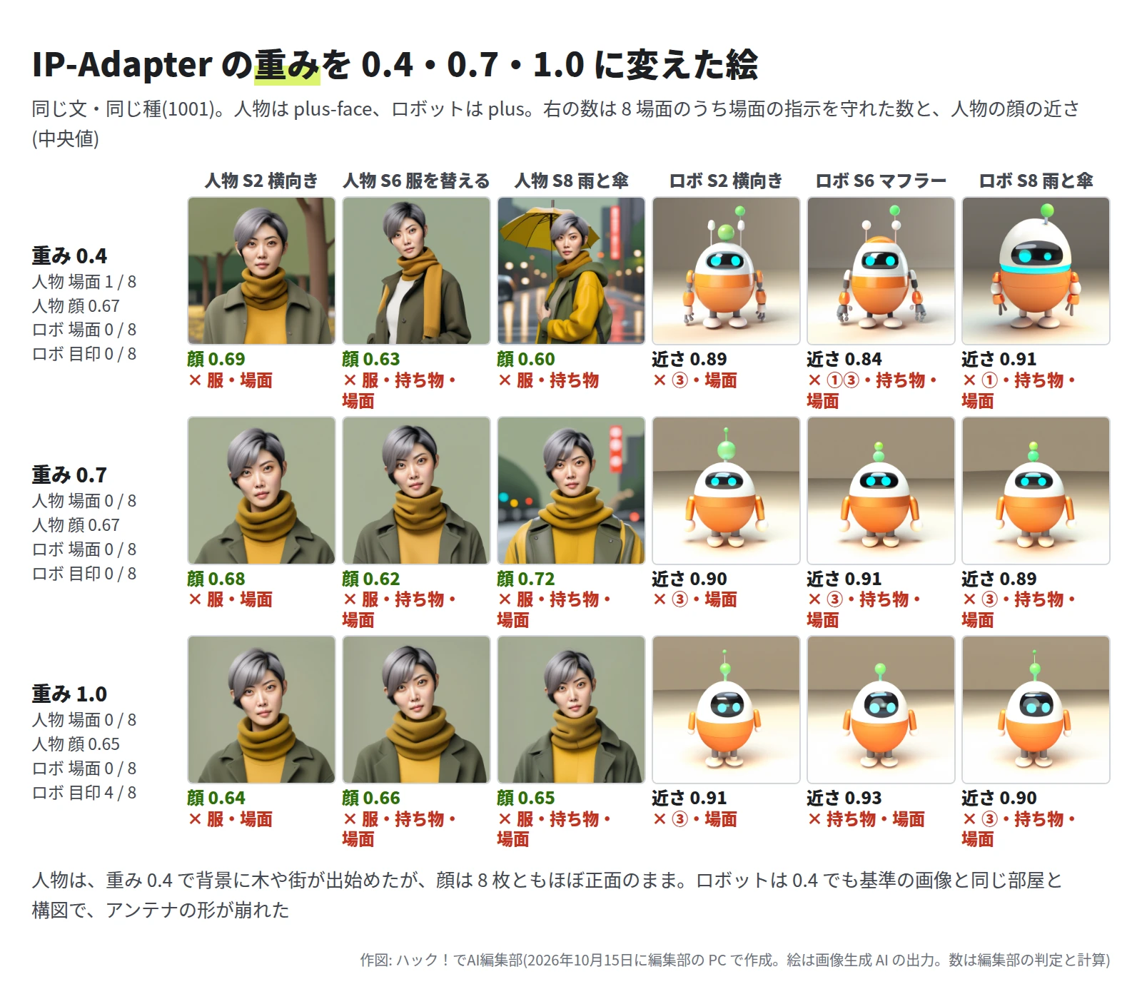 3 段 6 列。重み 0.4 は、人物の背景に木や雨の街が出て、S8 は黄色の傘を持つが、顔はほぼ正面のまま。ロボットは基準の画像と同じ部屋で、アンテナが 2〜3 本になる。重み 0.7 と 1.0 は、人物もロボットも基準の画像とほぼ同じ構図。人物の顔の近さの中央値は 0.67・0.67・0.65、場面を守れたのは人物が 1・0・0、ロボットが 0・0・0、ロボットの目印は 0・0・4