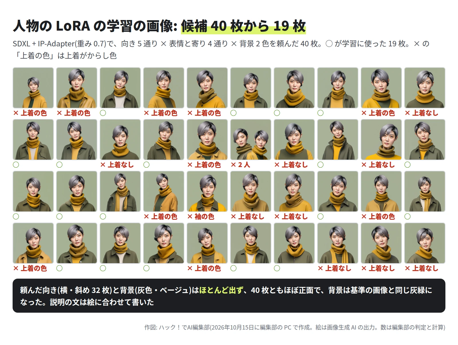 10 列 4 段に 40 枚の顔の絵。どれも灰色のショートの女性が正面を向き、背景は灰緑の無地。○ の 19 枚は深緑の上着とからし色のマフラー。× の 21 枚は、上着がからし色(10 枚)、上着が無くセーターかベスト(9 枚)、袖がからし色(1 枚)、人が 2 人(1 枚)。下の黒い帯に、頼んだ向き(横・斜め 32 枚)と背景(灰色・ベージュ)はほとんど出ず、40 枚ともほぼ正面で、背景は基準の画像と同じ灰緑になった、と書いてある