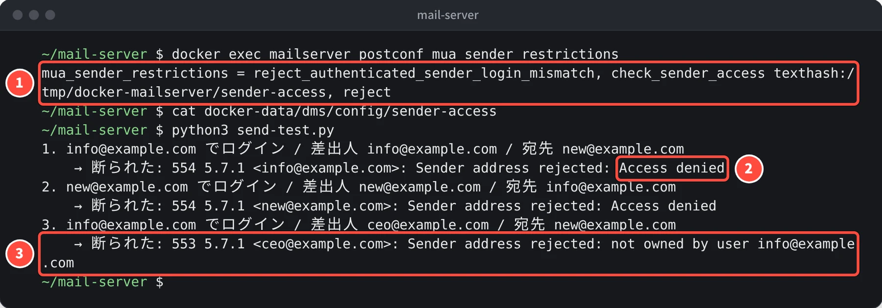 postconf mua_sender_restrictions の結果に、reject_authenticated_sender_login_mismatch、check_sender_access、reject が並ぶ。試験の結果は、info@example.com からの送信が 554 5.7.1 Sender address rejected: Access denied、new@example.com からも同じ。info@example.com でログインして ceo@example.com を名乗ると 553 5.7.1 Sender address rejected: not owned by user info@example.com