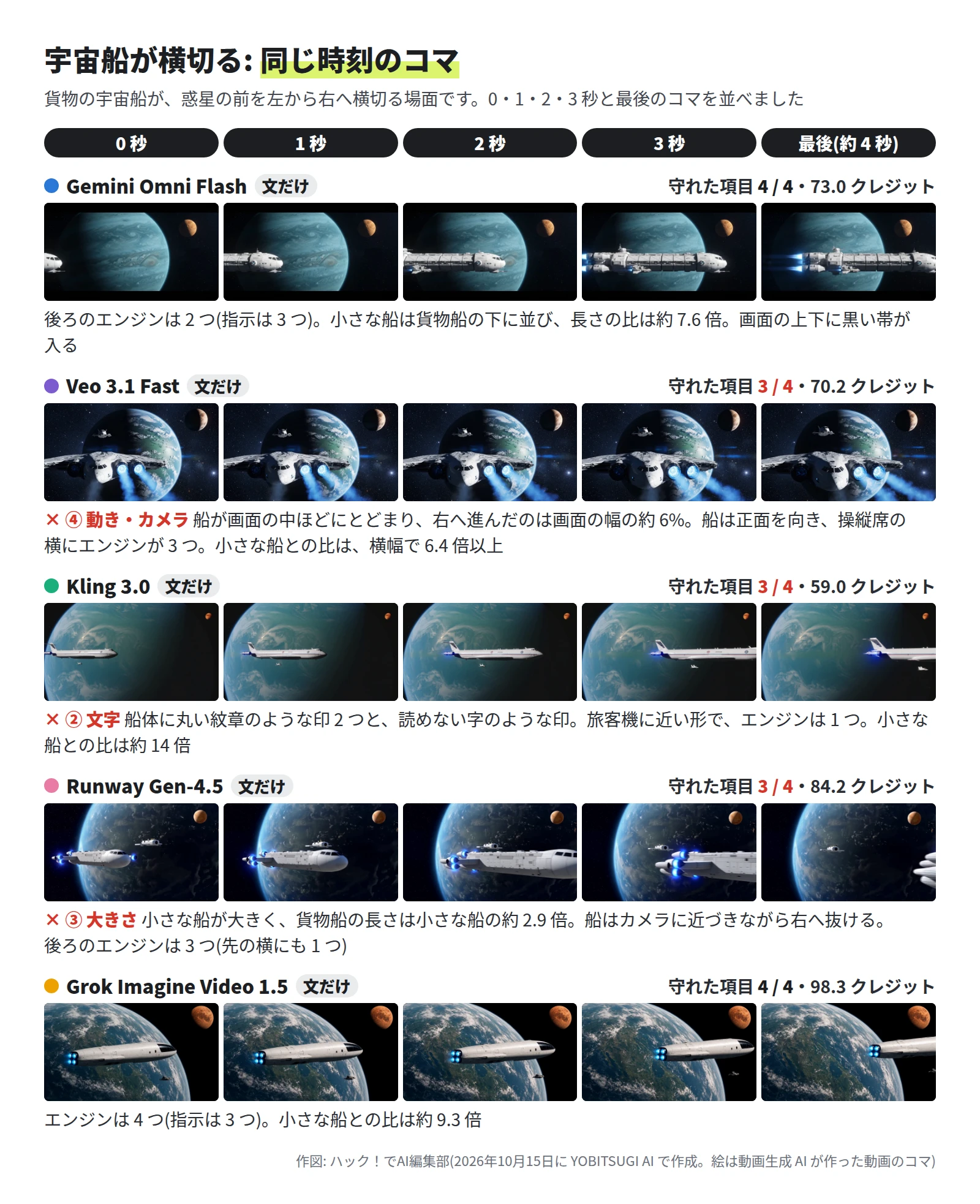 Gemini Omni Flash は 4 / 4 で、白く長い船が左の外から入り、青い惑星の前を右へ進む。画面の上下に黒い帯。Veo 3.1 Fast は 3 / 4 で、船は正面を向いたまま画面の中ほどにとどまる。Kling 3.0 は 3 / 4 で、旅客機に近い形の船が右へ進み、船体に丸い印がある。Runway Gen-4.5 は 3 / 4 で、船がカメラに近づきながら右へ抜け、小さな船が大きい。Grok Imagine Video 1.5 は 4 / 4 で、エンジンが 4 つの船が惑星の前を右へ進む