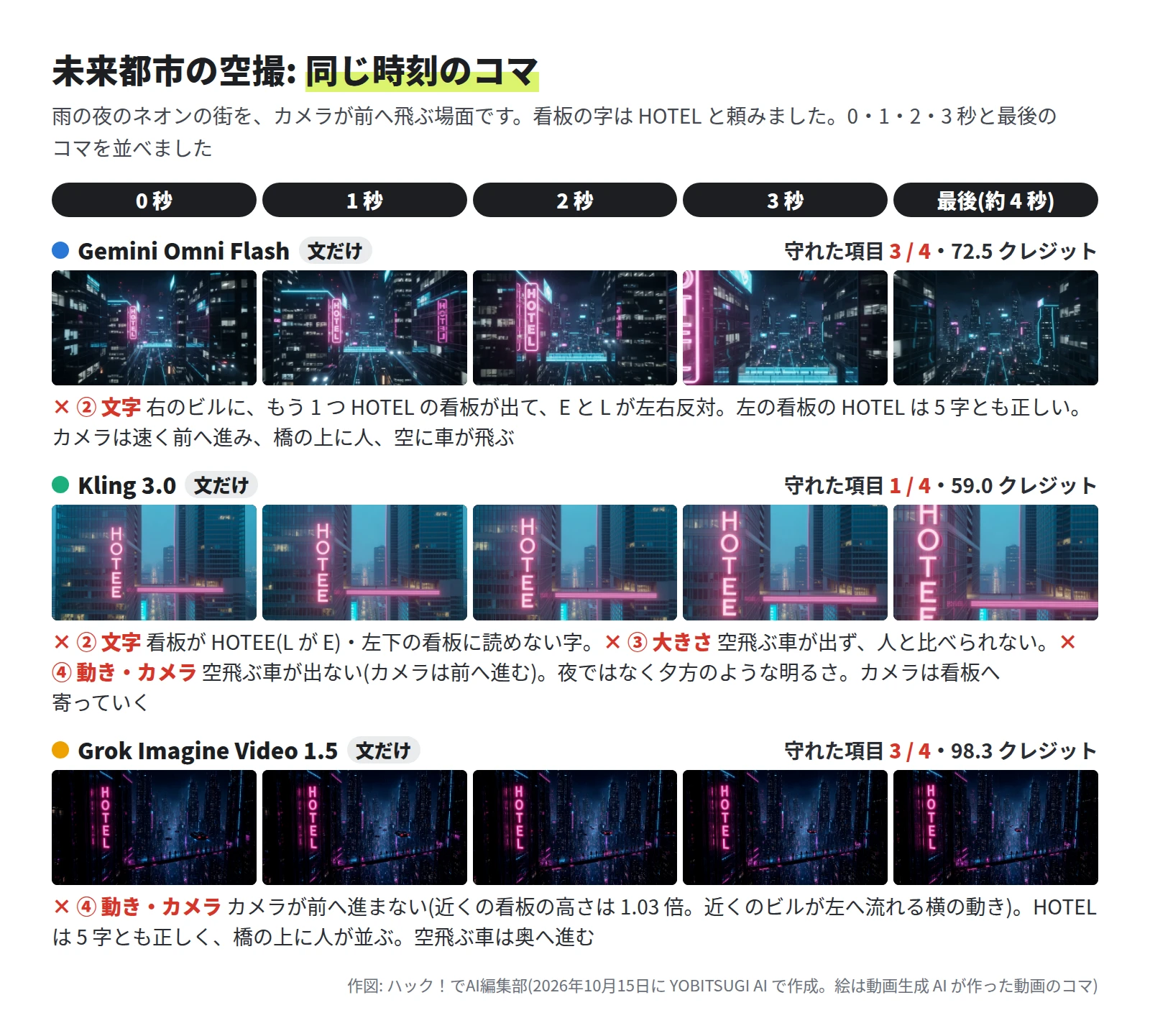 Gemini Omni Flash は 3 / 4 で、ネオンのビルのあいだをカメラが速く前へ進み、左のビルに HOTEL の看板、右のビルにも看板がある。Kling 3.0 は 1 / 4 で、夕方のような明るさのビルに HOTEE の看板があり、カメラは看板へ寄っていく。Grok Imagine Video 1.5 は 3 / 4 で、雨の夜のビルに HOTEL の看板、橋の上を人が歩き、空に車が飛ぶ。画面はほとんど前へ進まない