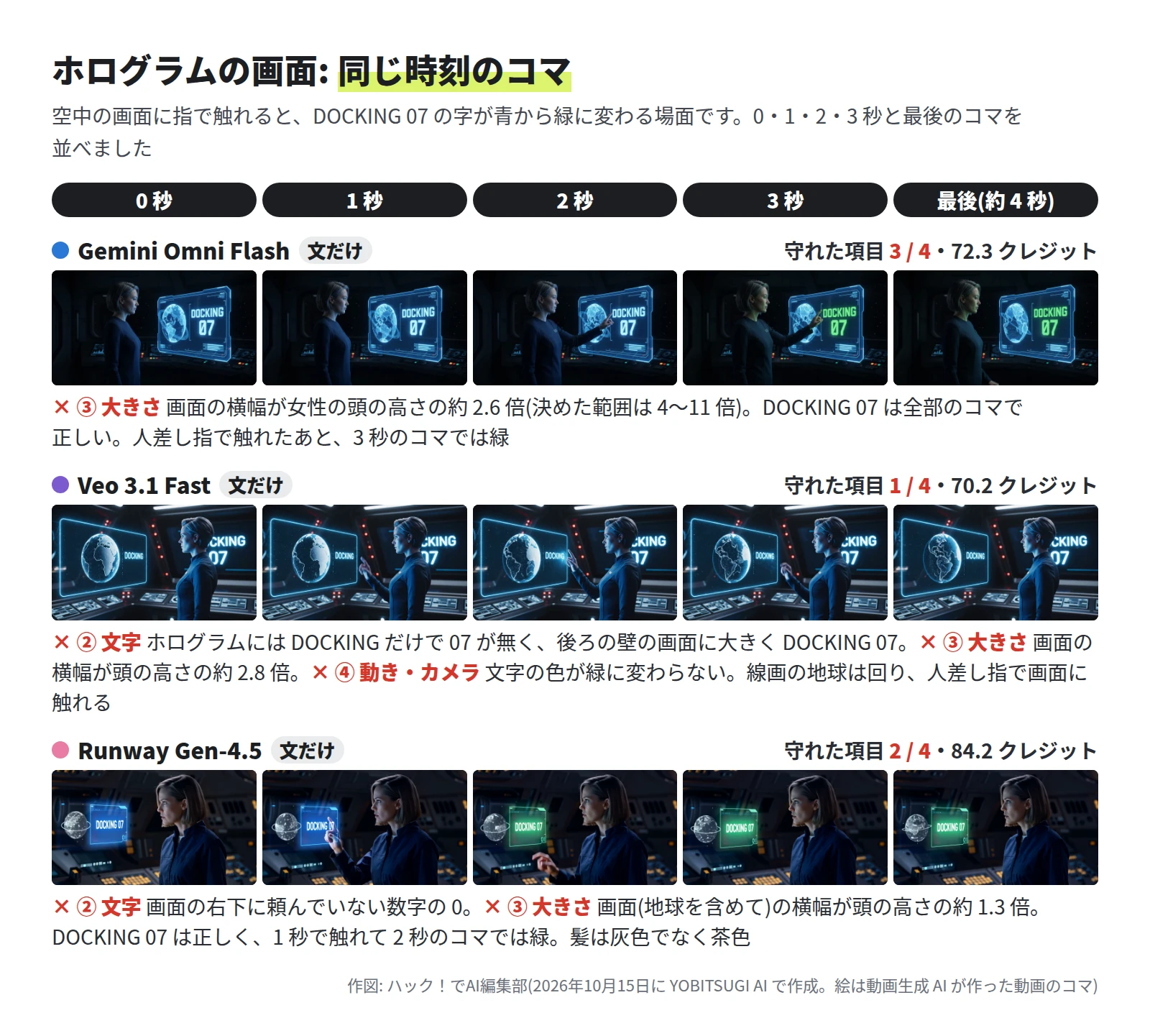 Gemini Omni Flash は 3 / 4 で、女性が右を向いて立ち、DOCKING 07 と出た青い画面に人差し指で触れ、3 秒には字が緑。Veo 3.1 Fast は 1 / 4 で、ホログラムには DOCKING だけが出て、後ろの壁の画面に大きく DOCKING 07。字は青のまま。Runway Gen-4.5 は 2 / 4 で、小さな青い画面に DOCKING 07 と右下に 0。1 秒で触れ、2 秒には画面が緑