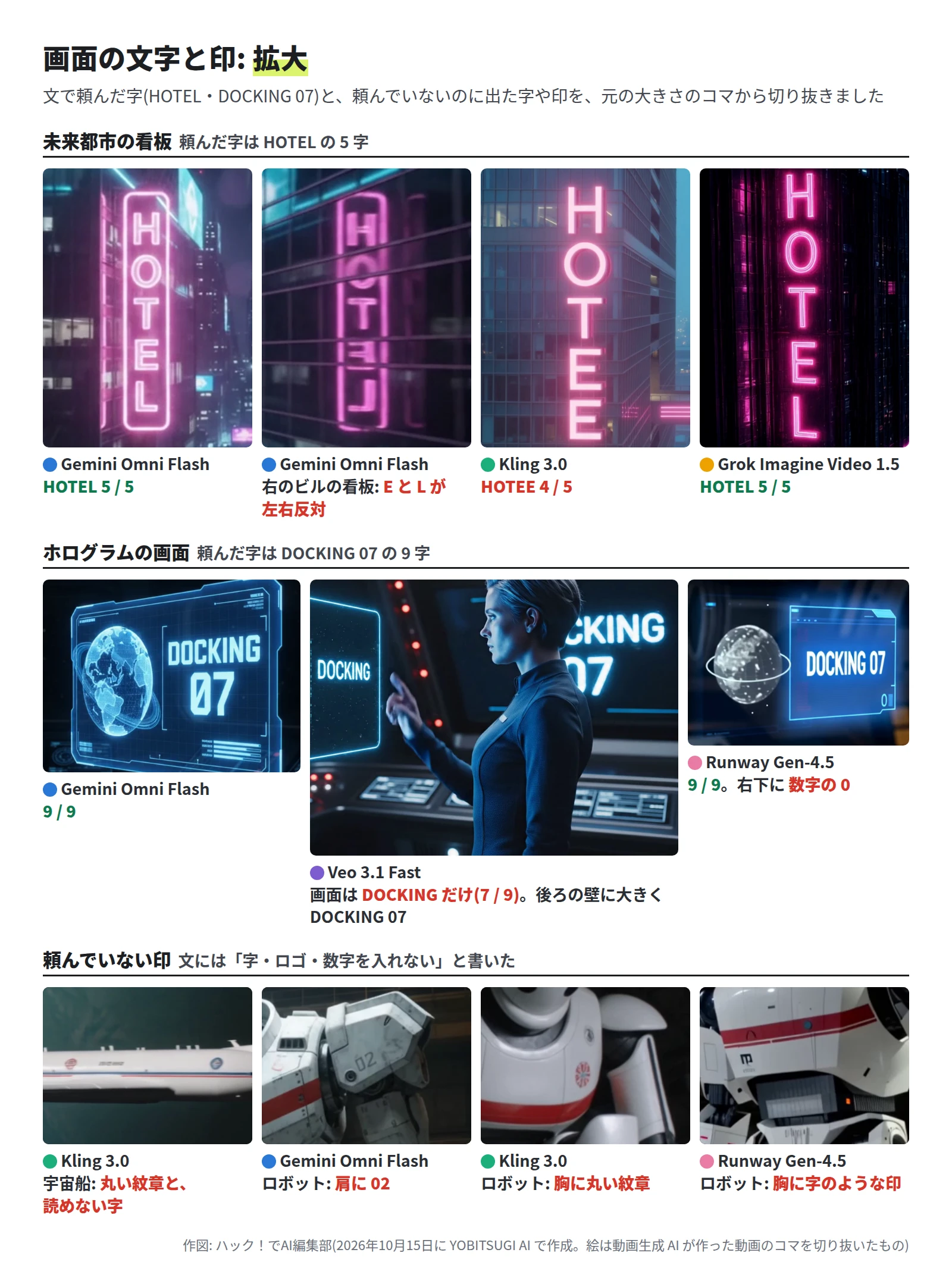 看板の段は、Gemini Omni Flash の左の看板が HOTEL で 5 / 5、右のビルの看板は E と L が左右反対、Kling 3.0 は HOTEE で 4 / 5、Grok Imagine Video 1.5 は HOTEL で 5 / 5。ホログラムの段は、Gemini Omni Flash が DOCKING 07 で 9 / 9、Veo 3.1 Fast は画面に DOCKING だけで、後ろの壁に DOCKING 07、Runway Gen-4.5 は DOCKING 07 で 9 / 9 と右下に 0。頼んでいない印の段は、Kling 3.0 の宇宙船の丸い紋章と読めない字、Gemini Omni Flash のロボットの肩の 02、Kling 3.0 のロボットの胸の丸い紋章、Runway Gen-4.5 のロボットの胸の字のような印