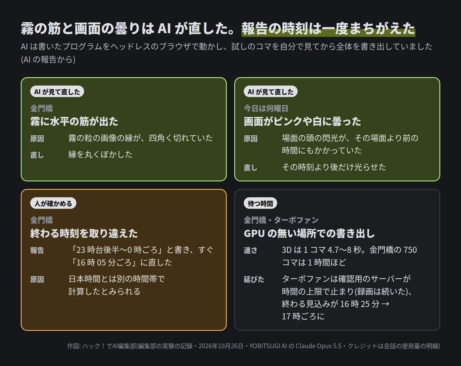 4 つの囲み。AI が見て直した 2 つは、金門橋の霧に水平の筋(原因は霧の粒の画像の縁が四角く切れていた、縁を丸くぼかした)と、今日は何曜日の画面がピンクや白に曇った(原因は場面の頭の閃光がその場面より前の時間にもかかっていた、その時刻より後だけ光らせた)。人が確かめる 1 つは、金門橋の終わる時刻の取り違え(「23 時台後半〜0 時ごろ」と書き、すぐ「16 時 05 分ごろ」に直した。日本時間とは別の時間帯で計算したとみられる)。待つ時間の 1 つは、GPU の無い場所での書き出し(3D は 1 コマ 4.7〜8 秒、金門橋の 750 コマは 1 時間ほど。ターボファンは確認用のサーバーが時間の上限で止まり、終わる見込みが 16 時 25 分から 17 時ごろに延びた)
