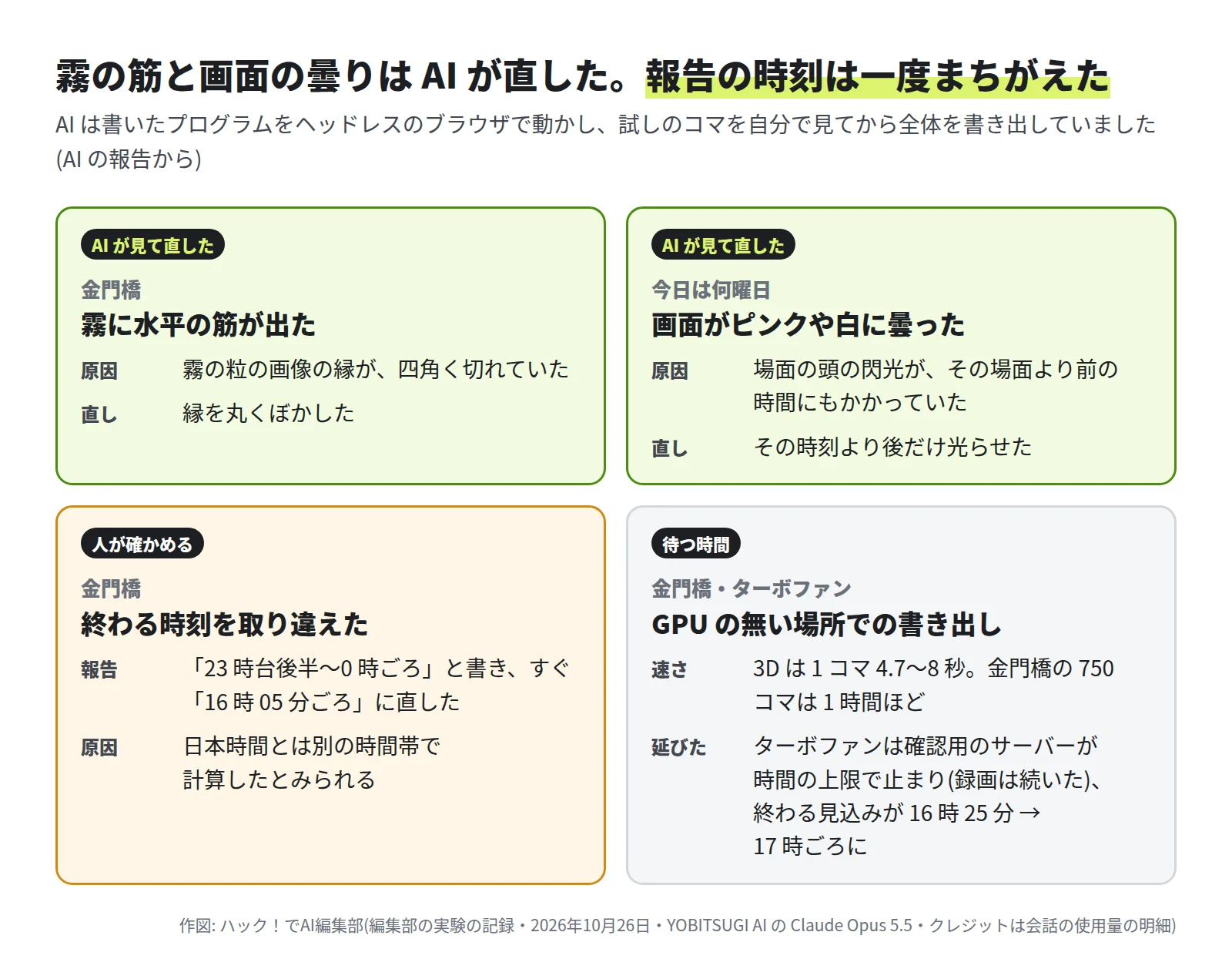4 つの囲み。AI が見て直した 2 つは、金門橋の霧に水平の筋(原因は霧の粒の画像の縁が四角く切れていた、縁を丸くぼかした)と、今日は何曜日の画面がピンクや白に曇った(原因は場面の頭の閃光がその場面より前の時間にもかかっていた、その時刻より後だけ光らせた)。人が確かめる 1 つは、金門橋の終わる時刻の取り違え(「23 時台後半〜0 時ごろ」と書き、すぐ「16 時 05 分ごろ」に直した。日本時間とは別の時間帯で計算したとみられる)。待つ時間の 1 つは、GPU の無い場所での書き出し(3D は 1 コマ 4.7〜8 秒、金門橋の 750 コマは 1 時間ほど。ターボファンは確認用のサーバーが時間の上限で止まり、終わる見込みが 16 時 25 分から 17 時ごろに延びた)