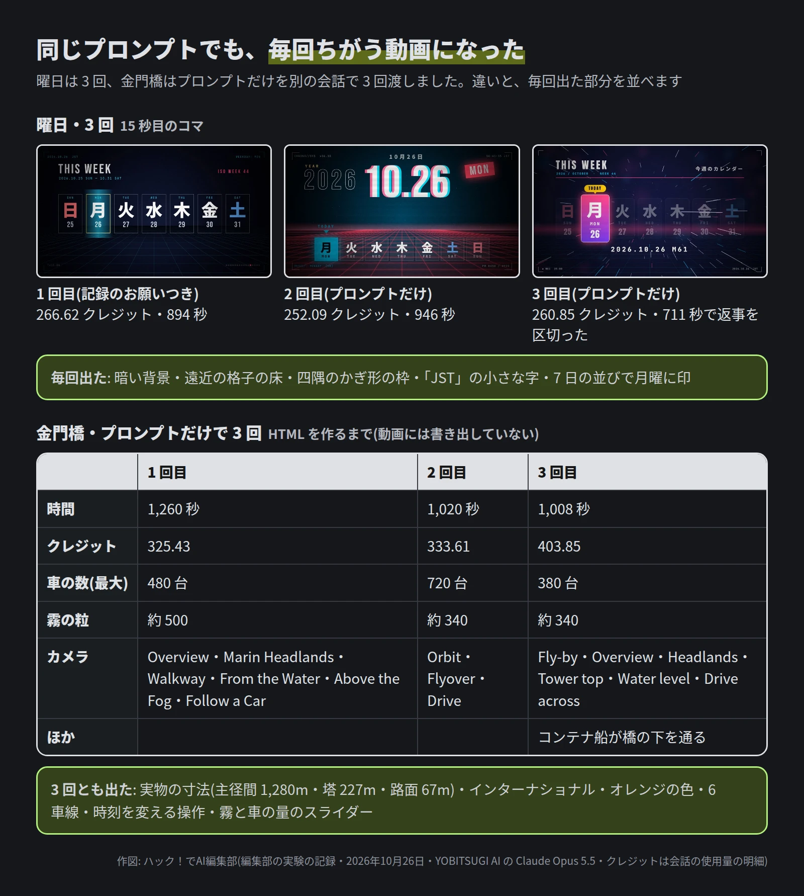 上は曜日の 3 回の 15 秒目のコマ。1 回目(記録のお願いつき・266.62 クレジット・894 秒)は THIS WEEK の見出しと 7 つの枠。2 回目(プロンプトだけ・252.09 クレジット・946 秒)は大きな 10.26 と赤い MON の札、下に赤い格子の床と曜日の列。3 回目(プロンプトだけ・260.85 クレジット・711 秒で返事を区切った)は TODAY の札が付いたピンクの月曜の枠。毎回出たのは、暗い背景・遠近の格子の床・四隅のかぎ形の枠・JST の小さな字・7 日の並びで月曜に印。下は金門橋をプロンプトだけで 3 回作った表。時間は 1,260 秒・1,020 秒・1,008 秒、クレジットは 325.43・333.61・403.85、車の数(最大)は 480・720・380 台、霧の粒は約 500・340・340、カメラは 6 つ・3 つ・6 つで名前も違う、3 回目だけコンテナ船。3 回とも出たのは、実物の寸法(主径間 1,280m・塔 227m・路面 67m)・インターナショナル・オレンジの色・6 車線・時刻を変える操作・霧と車の量のスライダー