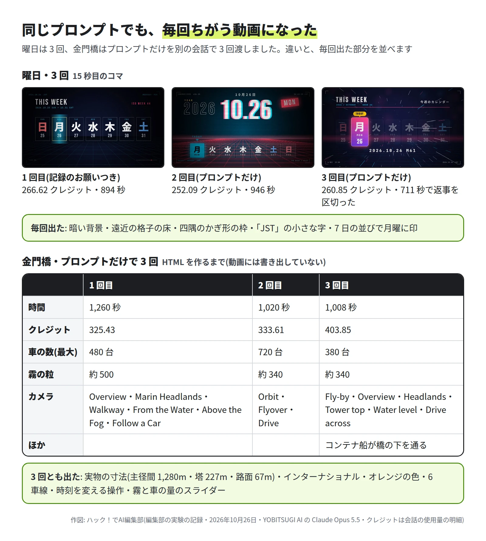 上は曜日の 3 回の 15 秒目のコマ。1 回目(記録のお願いつき・266.62 クレジット・894 秒)は THIS WEEK の見出しと 7 つの枠。2 回目(プロンプトだけ・252.09 クレジット・946 秒)は大きな 10.26 と赤い MON の札、下に赤い格子の床と曜日の列。3 回目(プロンプトだけ・260.85 クレジット・711 秒で返事を区切った)は TODAY の札が付いたピンクの月曜の枠。毎回出たのは、暗い背景・遠近の格子の床・四隅のかぎ形の枠・JST の小さな字・7 日の並びで月曜に印。下は金門橋をプロンプトだけで 3 回作った表。時間は 1,260 秒・1,020 秒・1,008 秒、クレジットは 325.43・333.61・403.85、車の数(最大)は 480・720・380 台、霧の粒は約 500・340・340、カメラは 6 つ・3 つ・6 つで名前も違う、3 回目だけコンテナ船。3 回とも出たのは、実物の寸法(主径間 1,280m・塔 227m・路面 67m)・インターナショナル・オレンジの色・6 車線・時刻を変える操作・霧と車の量のスライダー