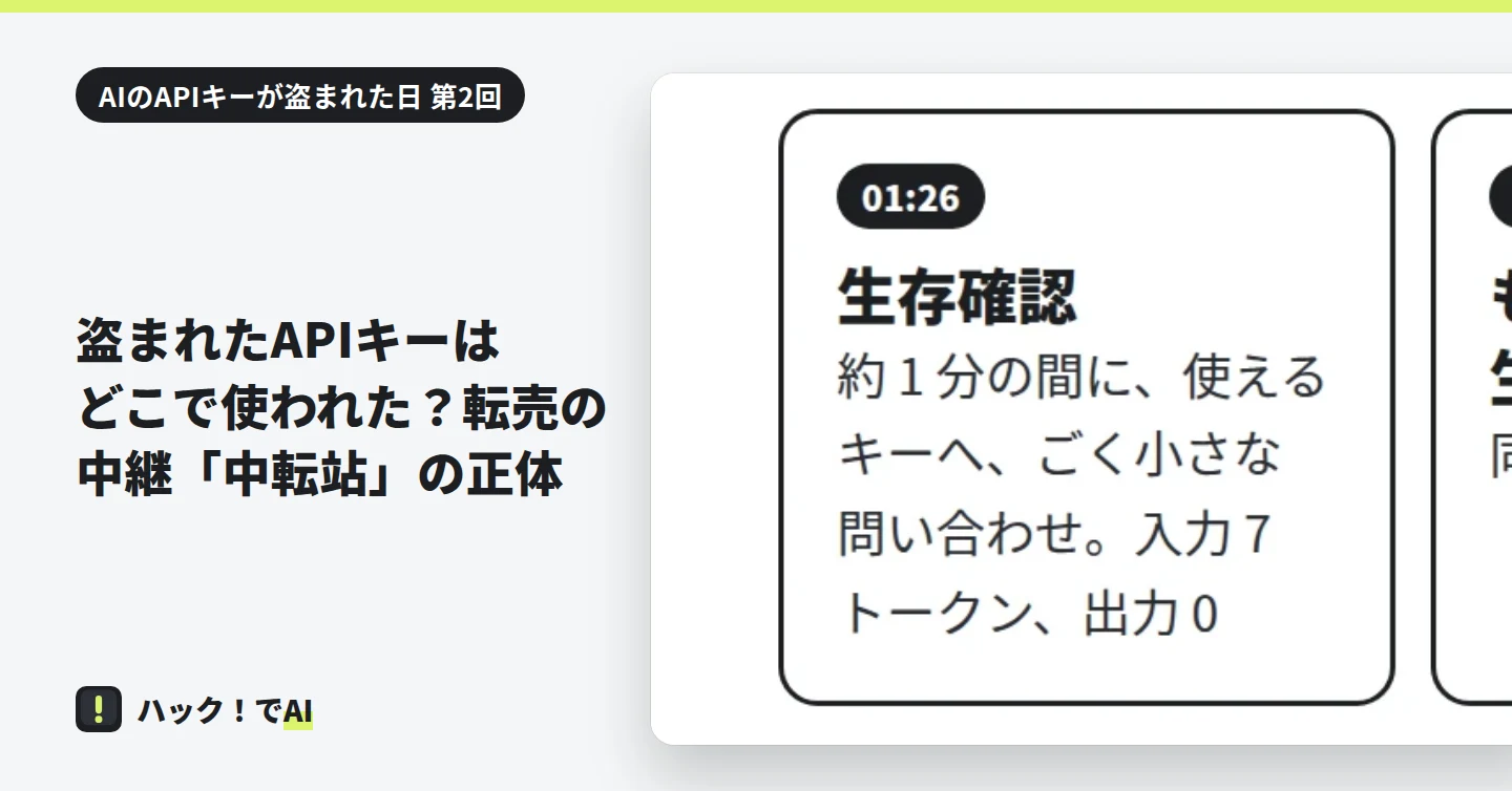 表紙。連載「AIのAPIキーが盗まれた日」第 2 回。キーが使われた時系列の 4 つの枠