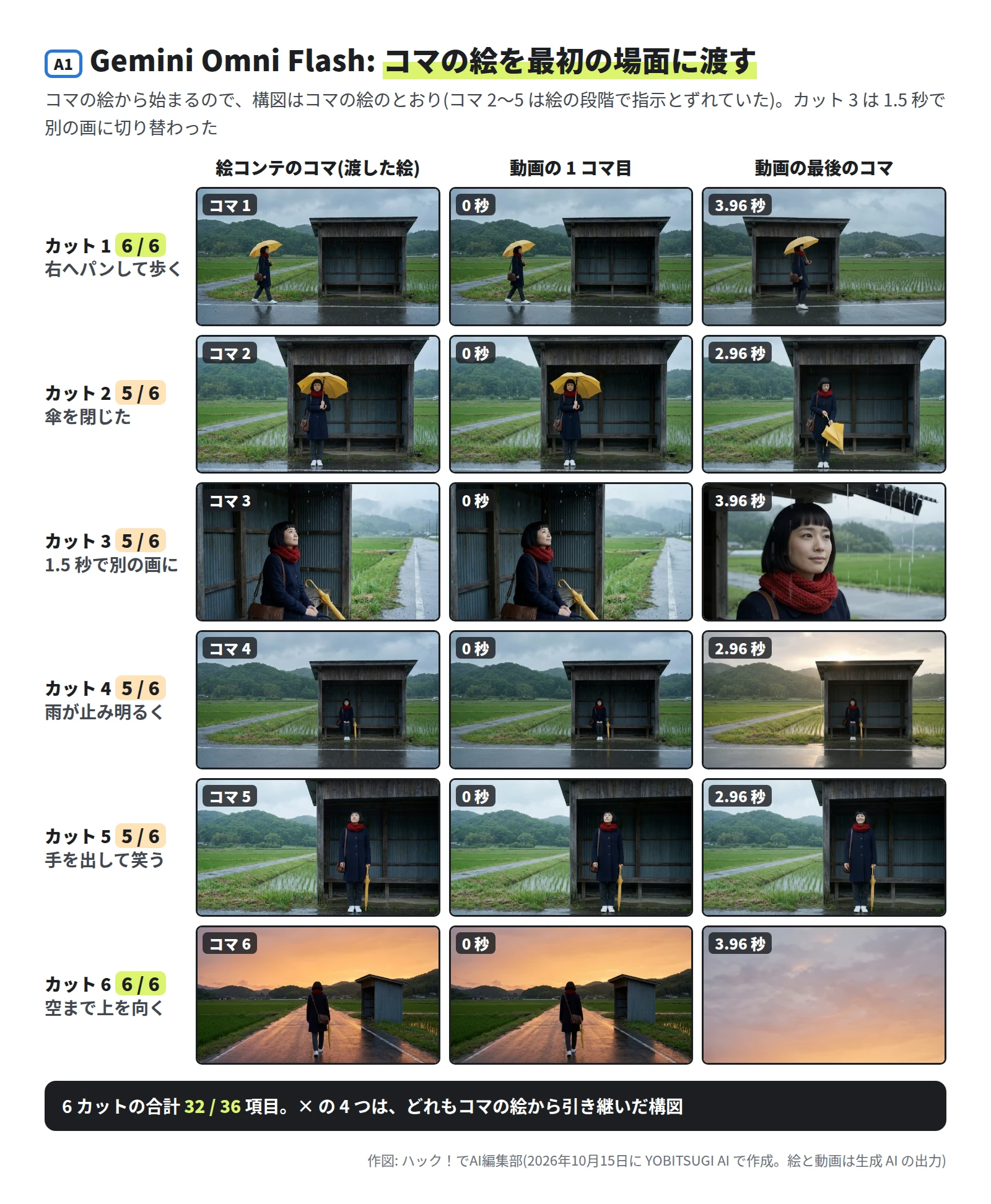 6 段 3 列。カット 1 は 6 / 6 で右へパンして女性が小屋へ着く。カット 2 は 5 / 6 で最後に傘を閉じて下に持つ。カット 3 は 5 / 6 で、最後のコマは寄った別の画の横顔と屋根のしずく。カット 4 は 5 / 6 で、最後は日がさして明るい。カット 5 は 5 / 6 で、最後は笑う。カット 6 は 6 / 6 で、最後は空だけ。下の帯に、合計 32 / 36、× の 4 つはどれもコマの絵から引き継いだ構図、と書いてある