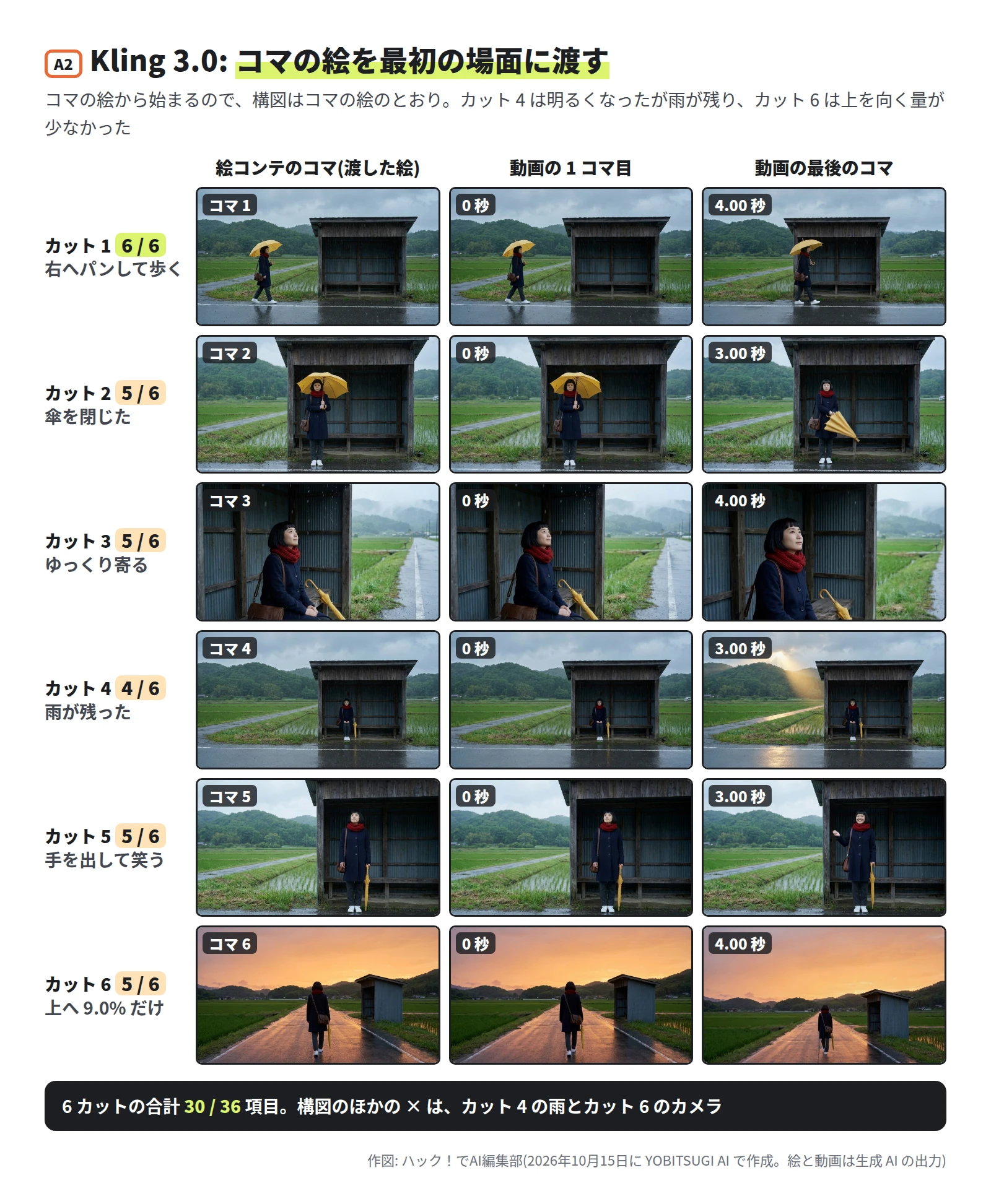 6 段 3 列。カット 1 は 6 / 6 で右へパン。カット 2 は 5 / 6 で最後に傘を閉じる。カット 3 は 5 / 6 でゆっくり寄る。カット 4 は 4 / 6 で、最後に山の方から光の筋がさすが雨が残る。カット 5 は 5 / 6 で手を出して笑う。カット 6 は 5 / 6 で、最後のコマも道と小屋が写り、上へ 9.0% だけ動いた。下の帯に、合計 30 / 36、構図のほかの × はカット 4 の雨とカット 6 のカメラ、と書いてある