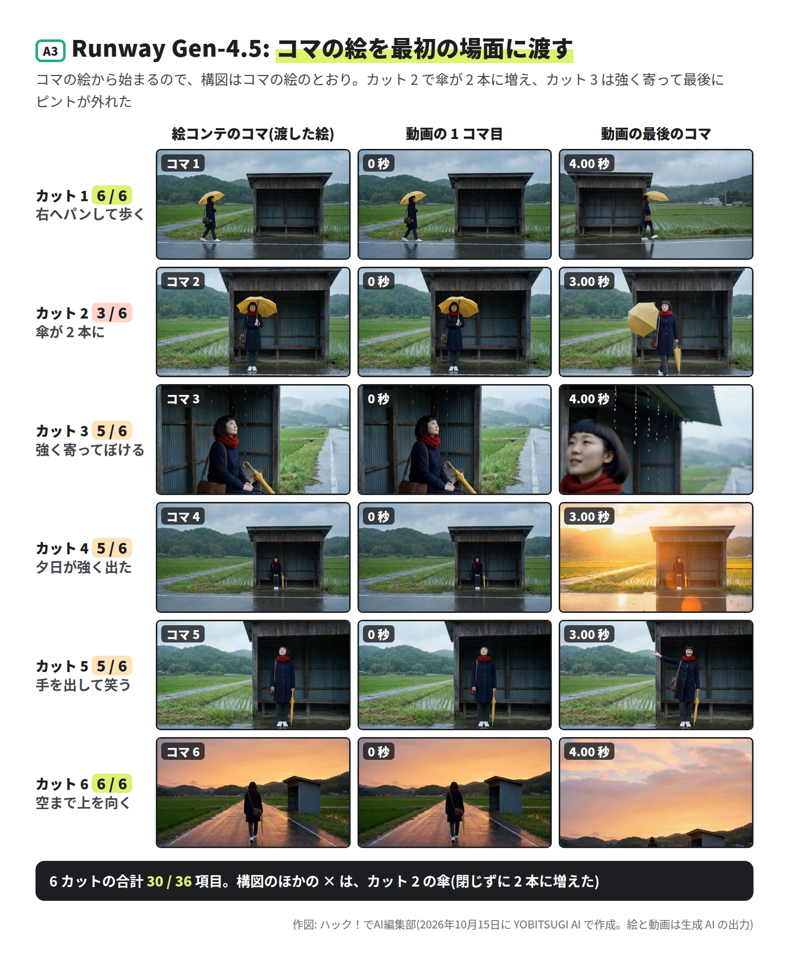 6 段 3 列。カット 1 は 6 / 6 で大きく右へパン。カット 2 は 3 / 6 で、最後のコマは開いた傘と閉じた傘の 2 本を持つ。カット 3 は 5 / 6 で、強く寄って最後は顔がぼける。カット 4 は 5 / 6 で、最後は強い夕日。カット 5 は 5 / 6 で手を出して笑う。カット 6 は 6 / 6 で最後は空。下の帯に、合計 30 / 36、構図のほかの × はカット 2 の傘、と書いてある