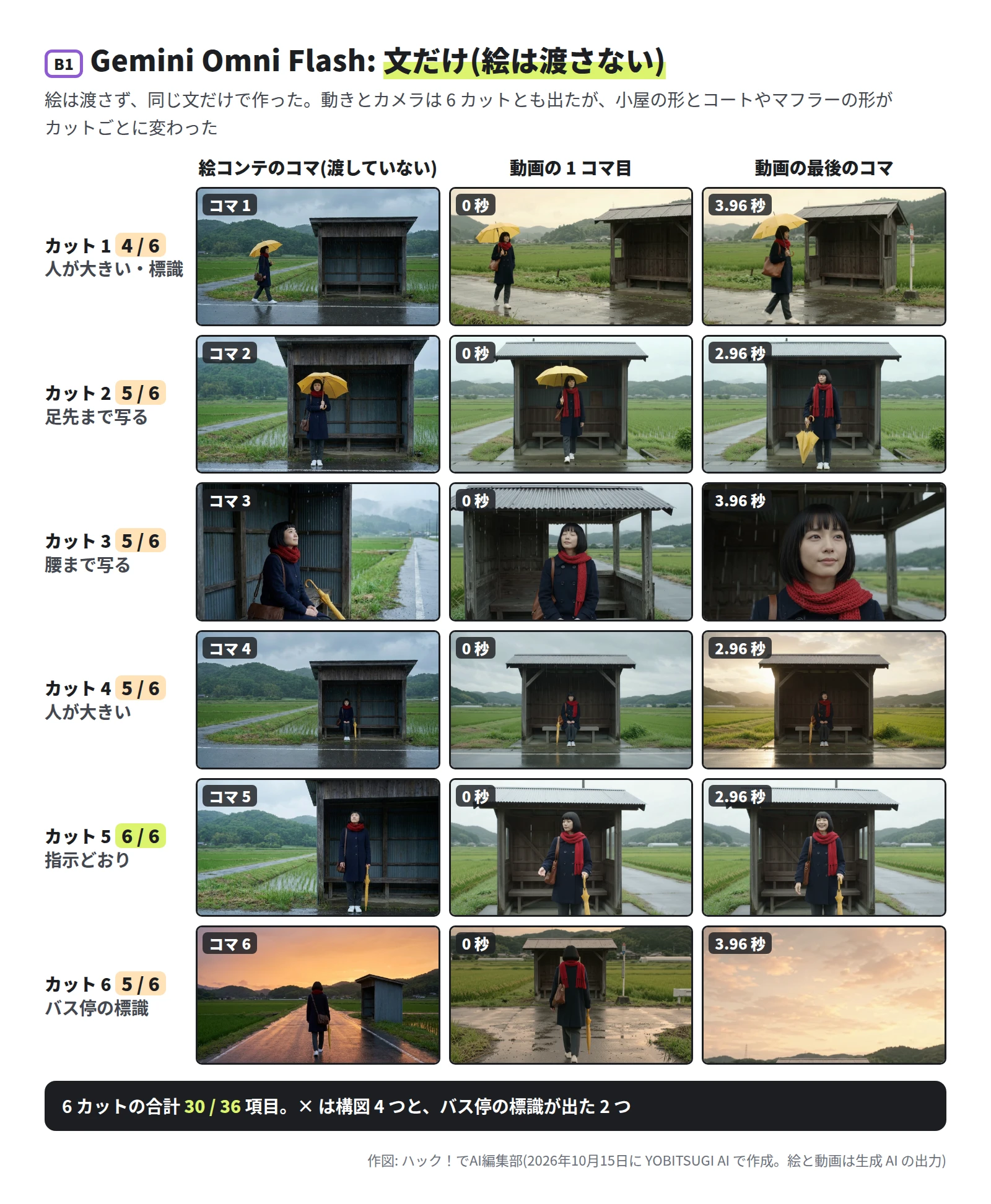 6 段 3 列。左の列はコマの絵で、渡していない。カット 1 は 4 / 6 で、人物が大きく、最後にバス停の標識が写る。カット 2 は 5 / 6 で足先まで写る。カット 3 は 5 / 6 で腰まで写り、最後は顔の寄り。カット 4 は 5 / 6 で人物が大きい。カット 5 は 6 / 6。カット 6 は 5 / 6 で、最初のコマに小屋とバス停の標識、最後は空。どのカットも小屋の形が違う。下の帯に、合計 30 / 36、× は構図 4 つとバス停の標識が出た 2 つ、と書いてある