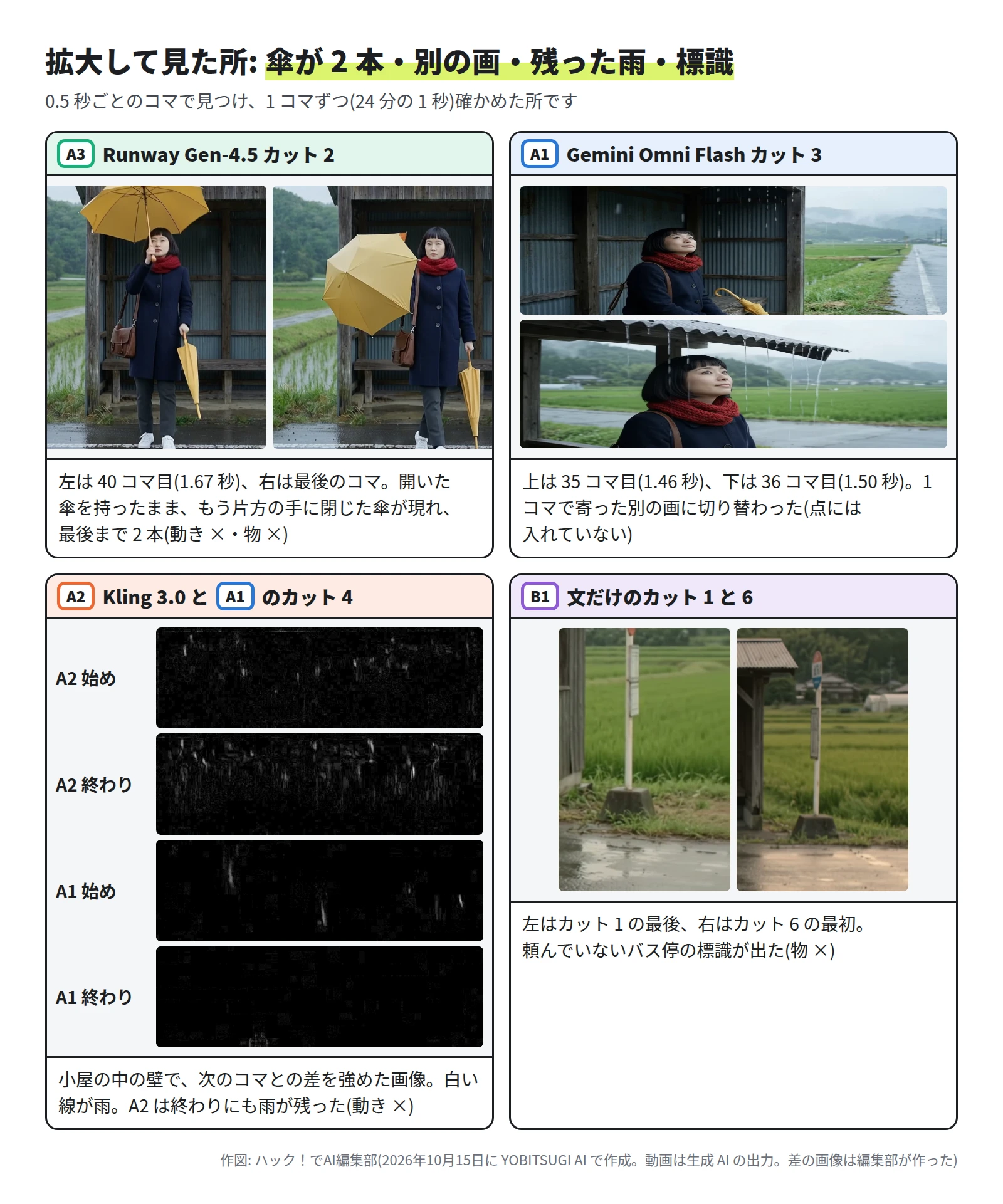 4 つの枠。A3 Runway Gen-4.5 のカット 2 は、40 コマ目と最後のコマで、開いた傘と閉じた傘の 2 本を持つ。A1 Gemini Omni Flash のカット 3 は、35 コマ目のベンチの女性から 36 コマ目の寄った横顔へ 1 コマで切り替わる。A2 Kling 3.0 と A1 のカット 4 は、小屋の中の壁で次のコマとの差を強めた画像で、A2 は終わりにも白い線(雨)が残り、A1 は終わりにほぼ消える。B1 のカット 1 の最後と 6 の最初には、頼んでいないバス停の標識が立つ