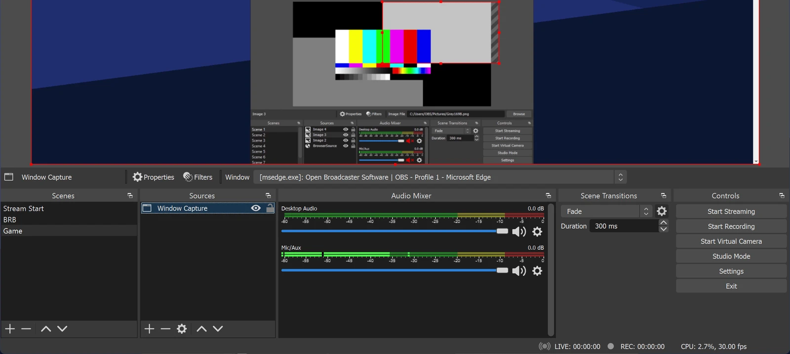 OBS Studio の画面。プレビューの中で、カラーバーの画像の上に灰色の画像が重なり、赤い枠で囲まれている。下に Scenes の一覧(Stream Start・BRB・Game)、Sources の一覧(Window Capture)、Audio Mixer、Scene Transitions、Controls(Start Streaming・Start Recording・Start Virtual Camera・Studio Mode・Settings・Exit)が並ぶ