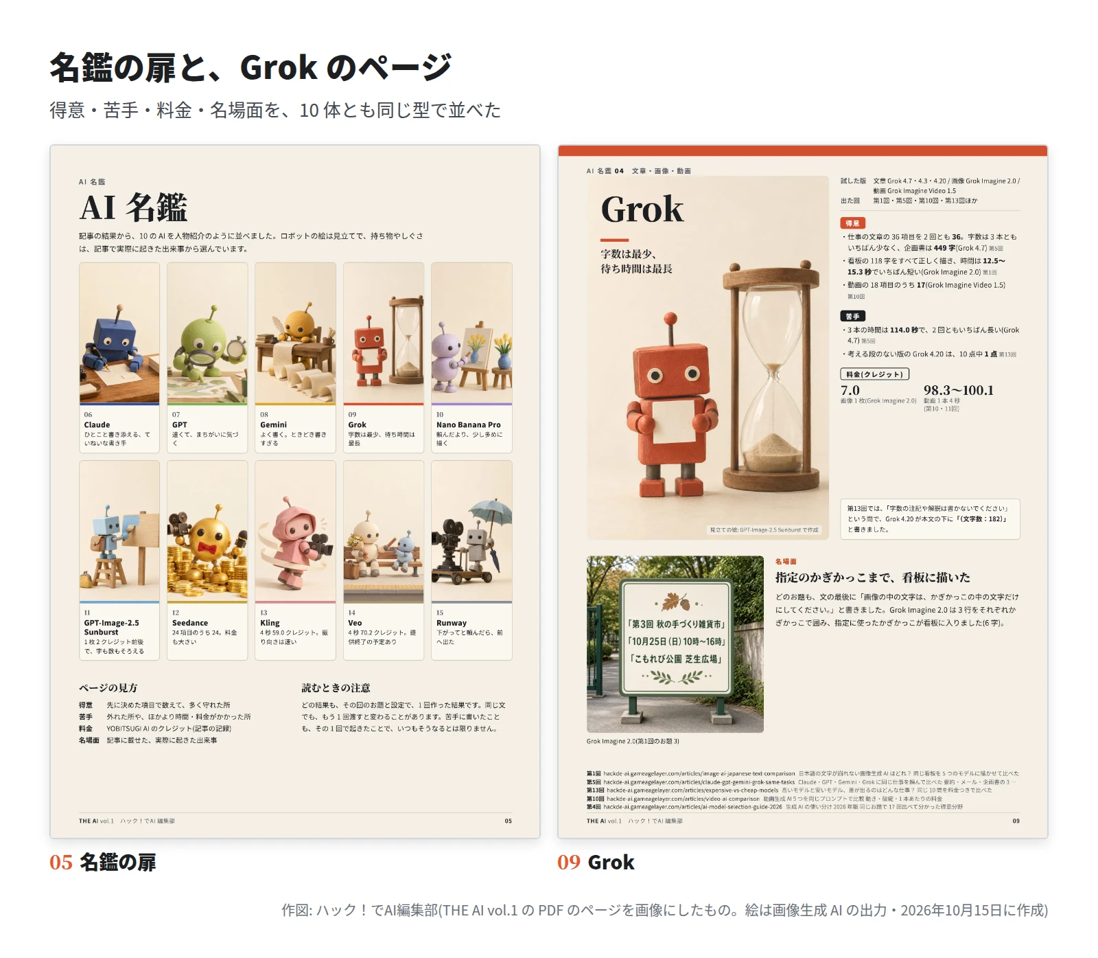 左は名鑑の扉で、10 体のロボットの絵が 5 列 2 段。右は Grok のページで、小さなメモを持つ朱色のロボットと大きな砂時計の絵、得意(36 項目を 2 回とも 36・118 字・17 / 18)、苦手(114.0 秒・10 点中 1 点)、料金 7.0 と 98.3〜100.1、名場面はかぎかっこまで描いた看板