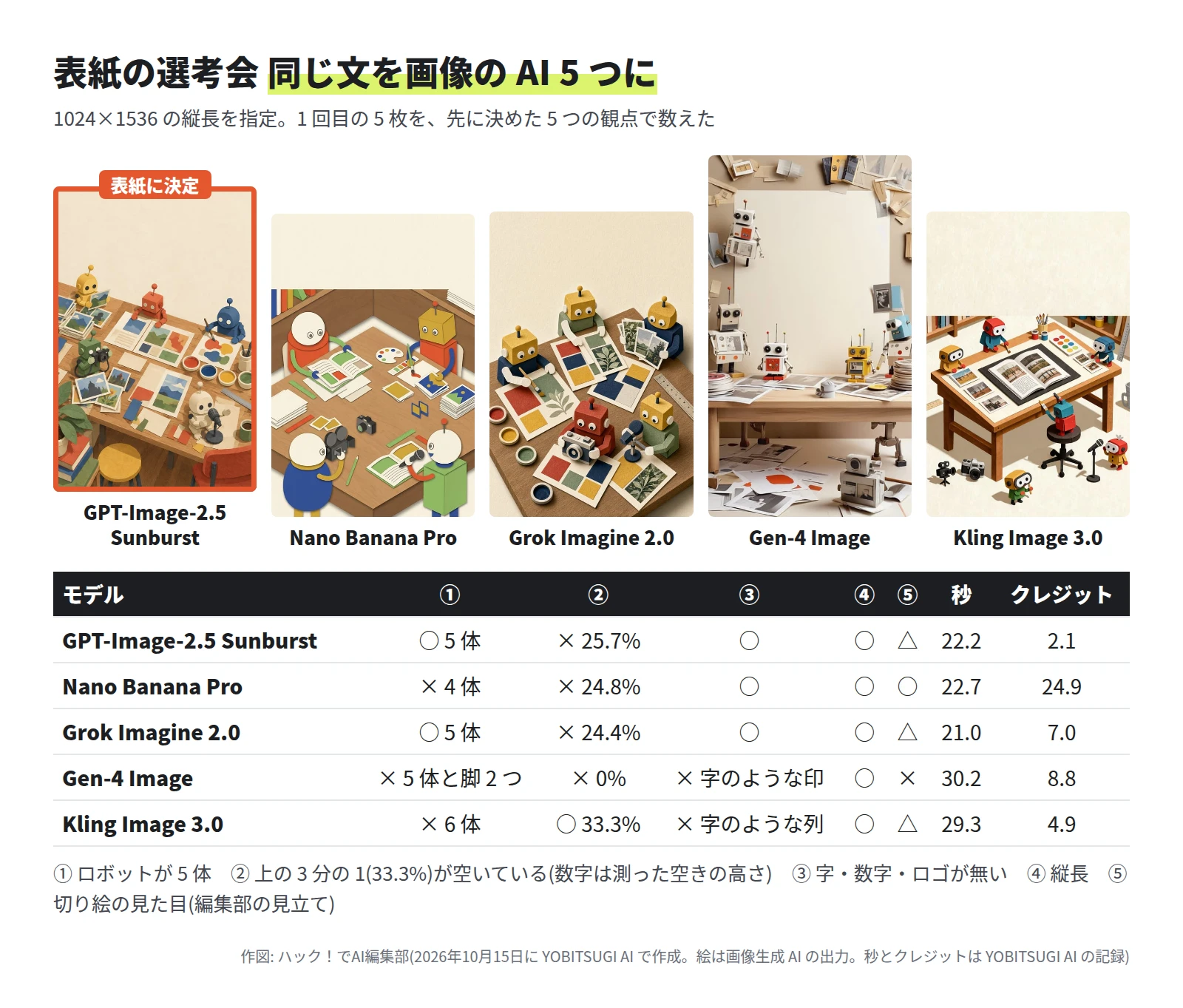 5 枚の縦長の絵と表。GPT-Image-2.5 Sunburst は ロボット 5 体・上の空き 25.7%・字なし・22.2 秒・2.1 クレジットで表紙に決定。Nano Banana Pro は 4 体・24.8%・字なし・22.7 秒・24.9。Grok Imagine 2.0 は 5 体・24.4%・字なし・21.0 秒・7.0。Gen-4 Image は 5 体と脚 2 つ・0%・字のような印・30.2 秒・8.8。Kling Image 3.0 は 6 体・33.3%・字のような列・29.3 秒・4.9
