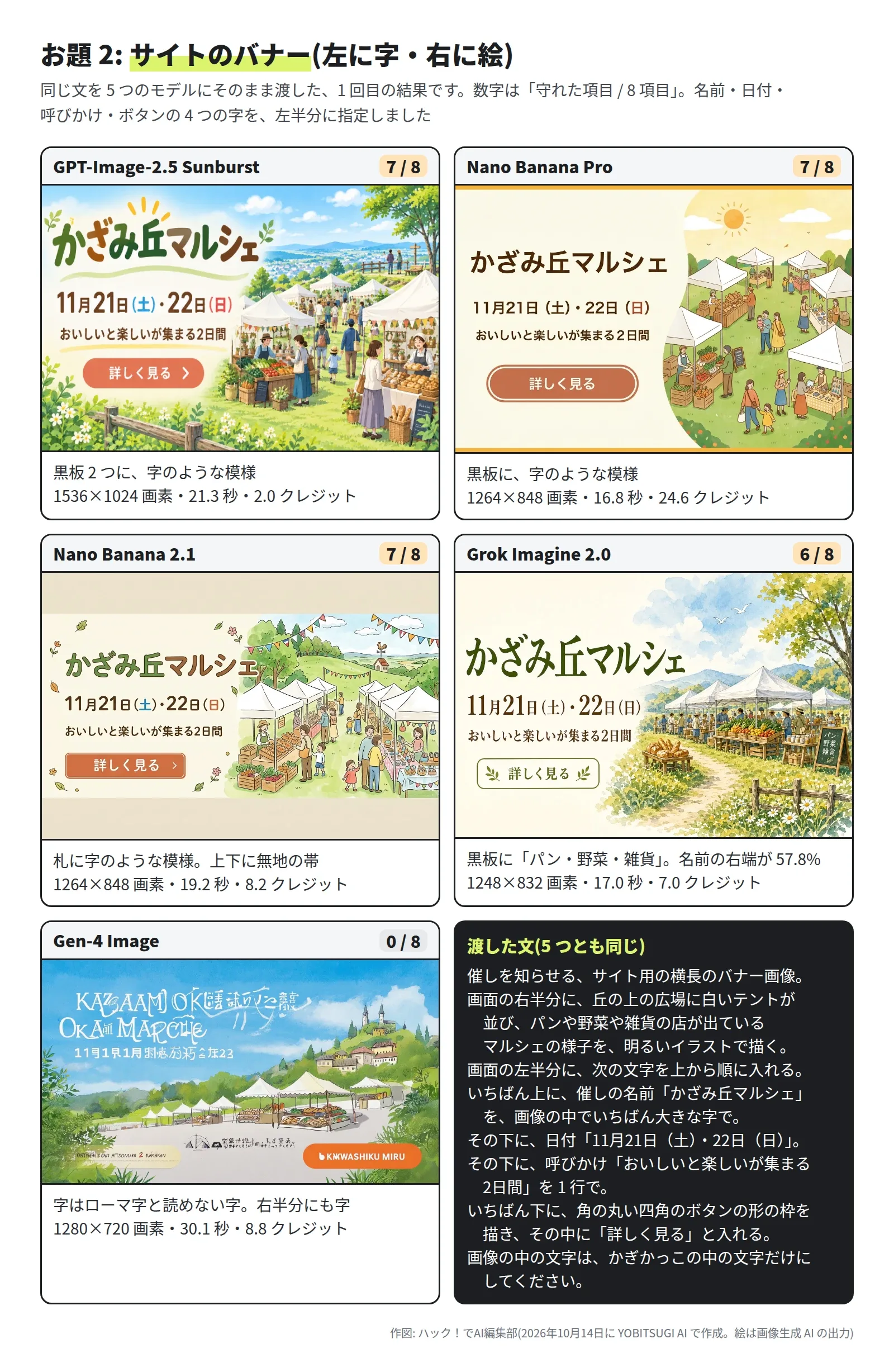 5 つのモデルが作った催しのバナー。GPT-Image-2.5 Sunburst・Nano Banana Pro・Nano Banana 2.1 は「かざみ丘マルシェ」「11月21日(土)・22日(日)」「おいしいと楽しいが集まる2日間」「詳しく見る」が正しく 7 / 8。Grok Imagine 2.0 は字は正しいが名前が右にはみ出し 6 / 8。Gen-4 Image はローマ字と読めない字で 0 / 8