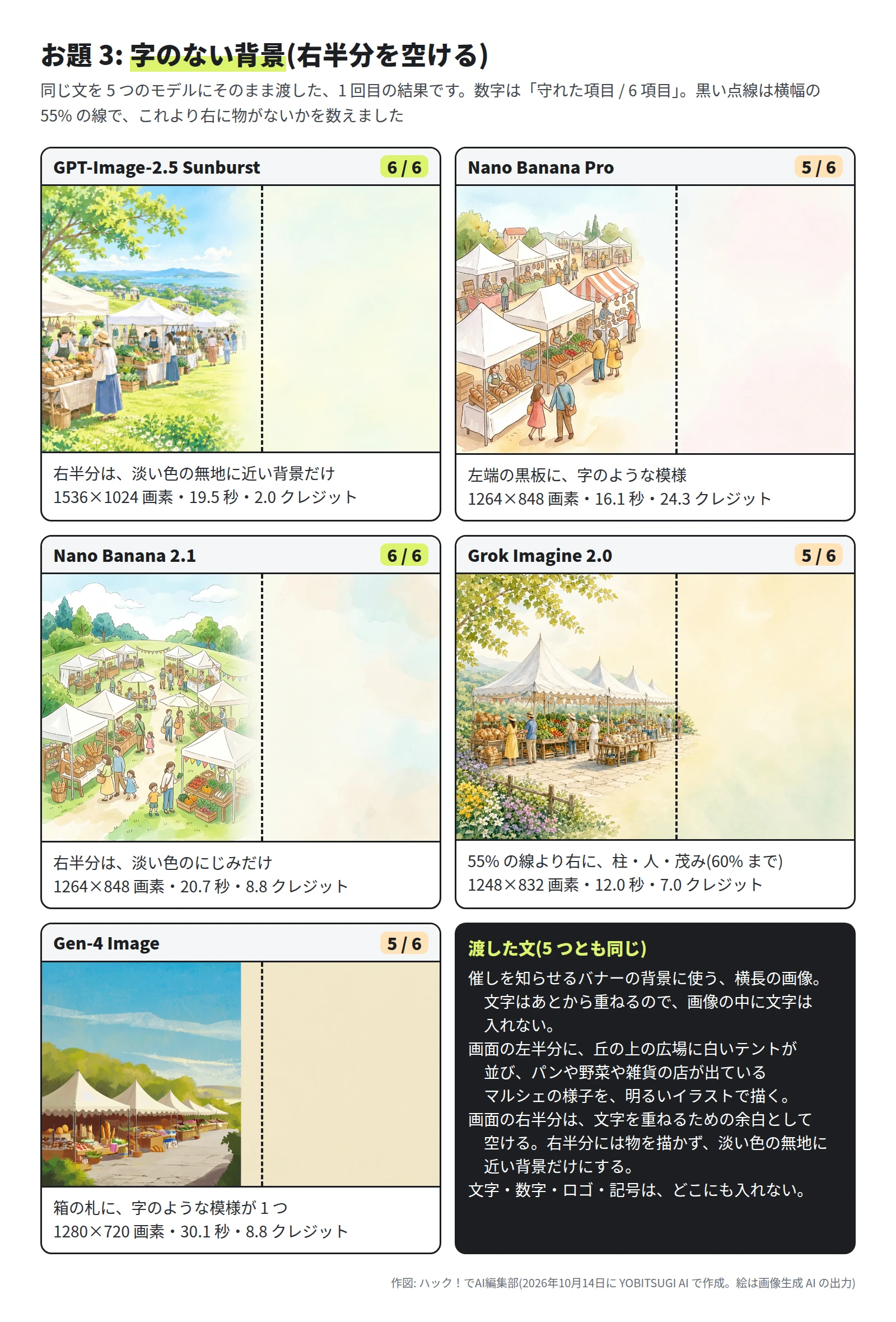 5 つのモデルが作った、右半分が空いたマルシェの背景。GPT-Image-2.5 Sunburst と Nano Banana 2.1 は 6 / 6。Nano Banana Pro は左端の黒板に字のような模様で 5 / 6。Grok Imagine 2.0 はテントと人が 55% の線を越えて 5 / 6。Gen-4 Image は 50% で絵と無地に分かれ、箱の札に模様があり 5 / 6